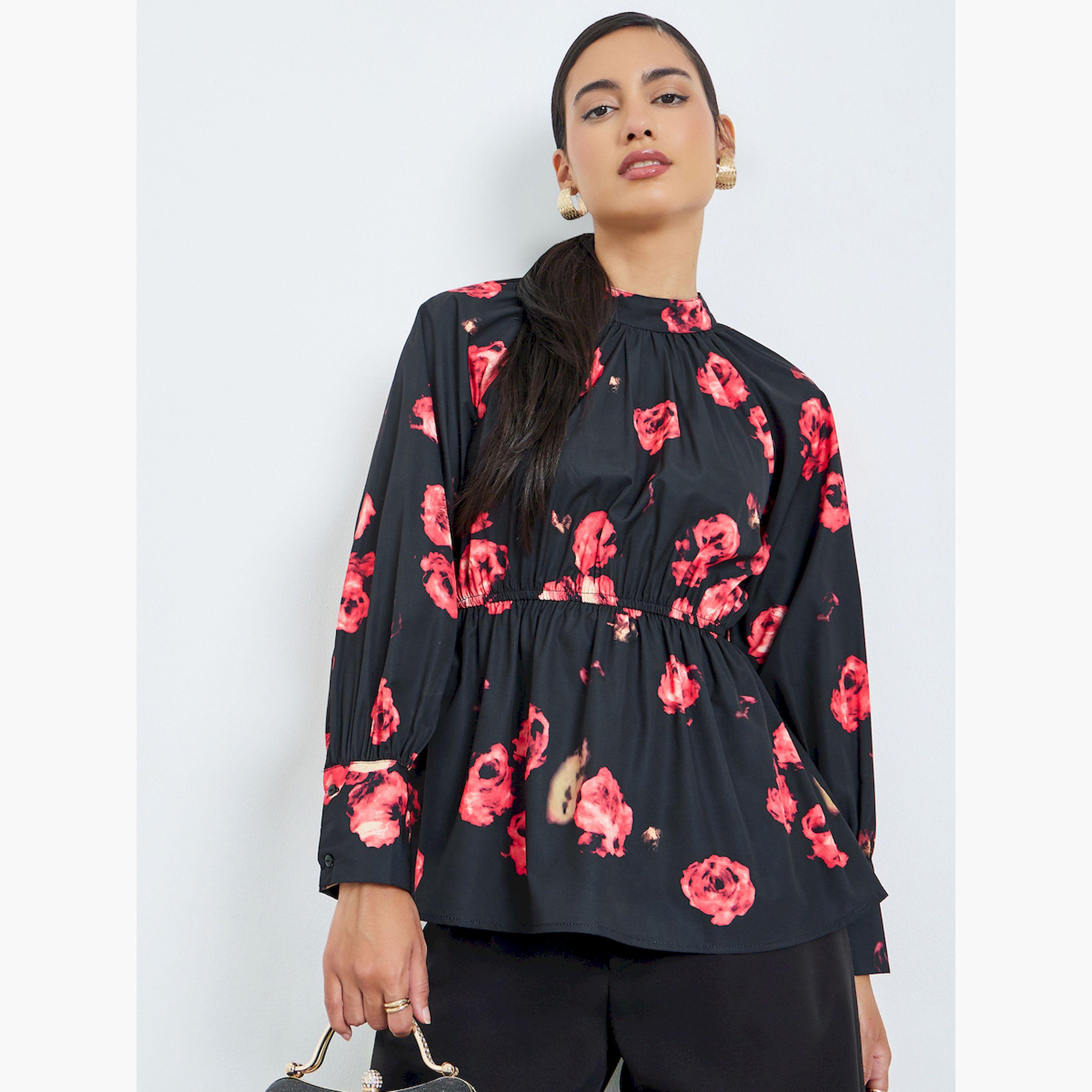 ستايلي - بلوزة سوداء بأكمام طويلة نقشة زهور لون أسود-women-clothing-shirtsandblouses-blouses-image-1