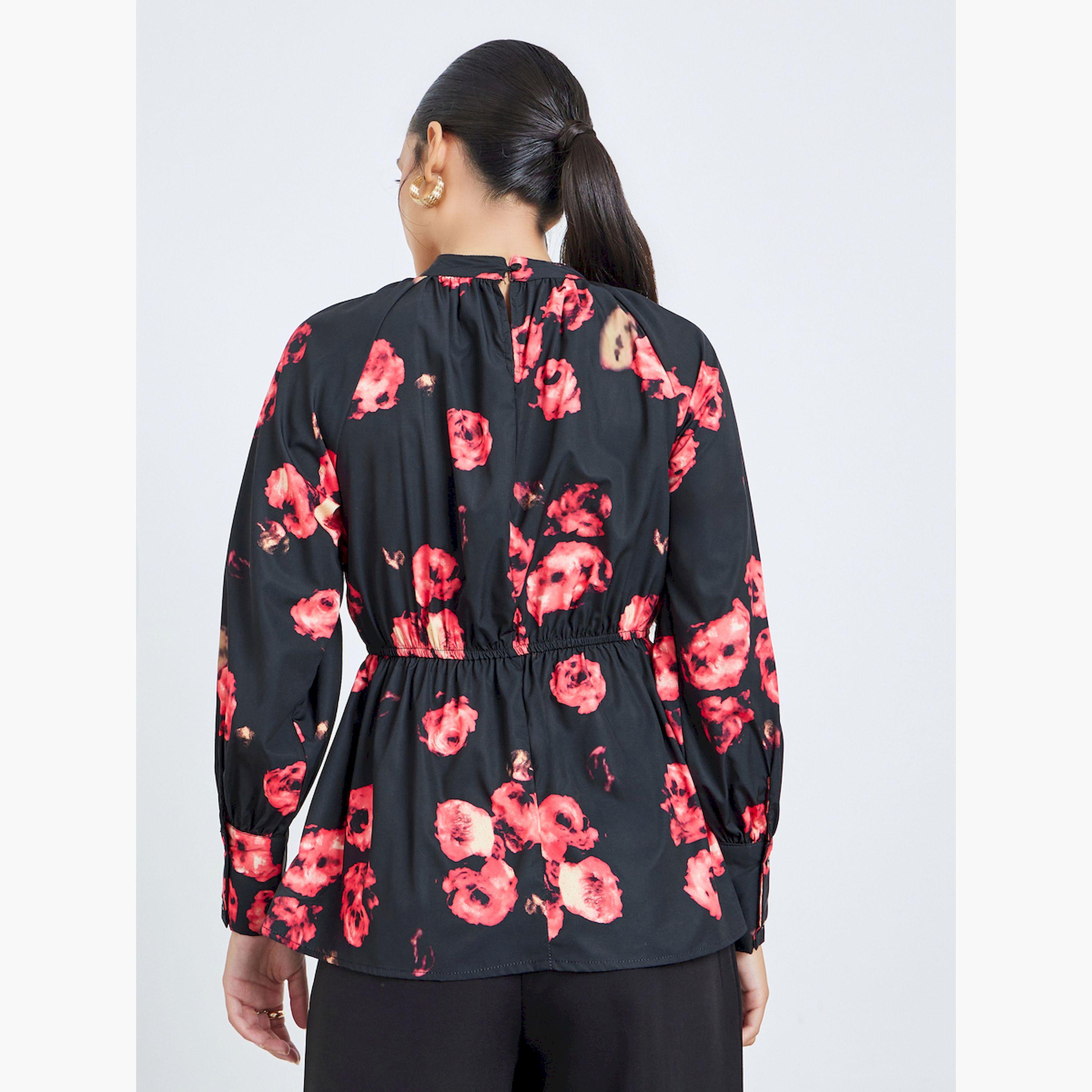 ستايلي - بلوزة سوداء بأكمام طويلة نقشة زهور لون أسود-women-clothing-shirtsandblouses-blouses-image-3