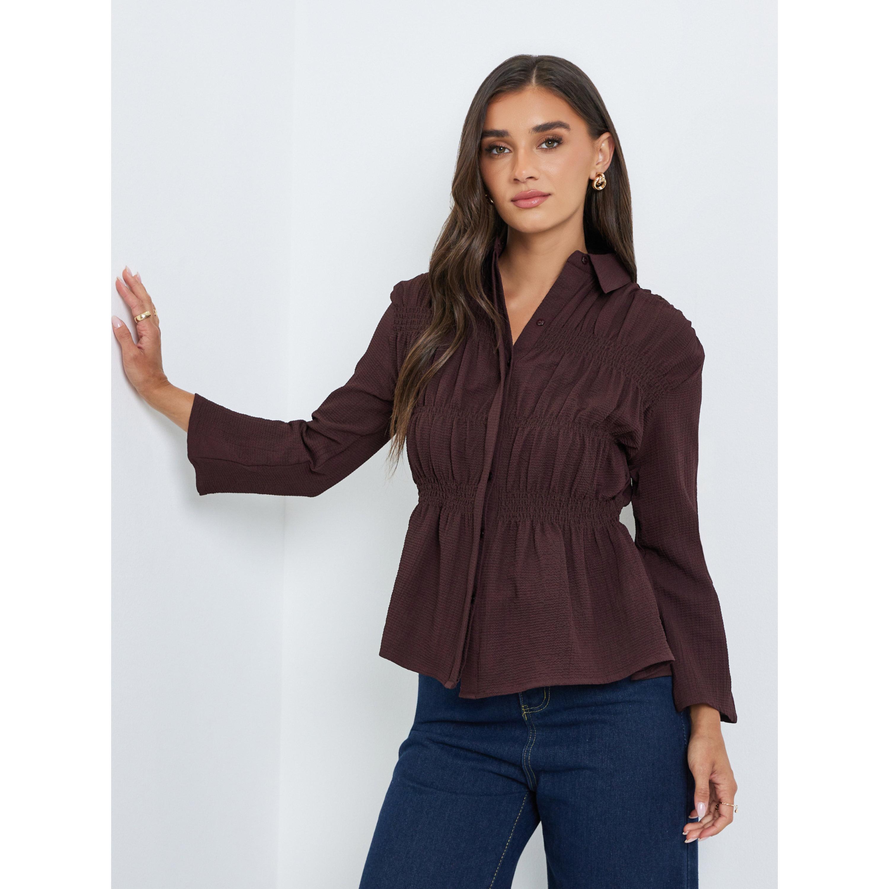 بلوزة بيبلوم بملمس بارز وتفاصيل سموك للنساء-women-clothing-shirtsandblouses-blouses-image-1