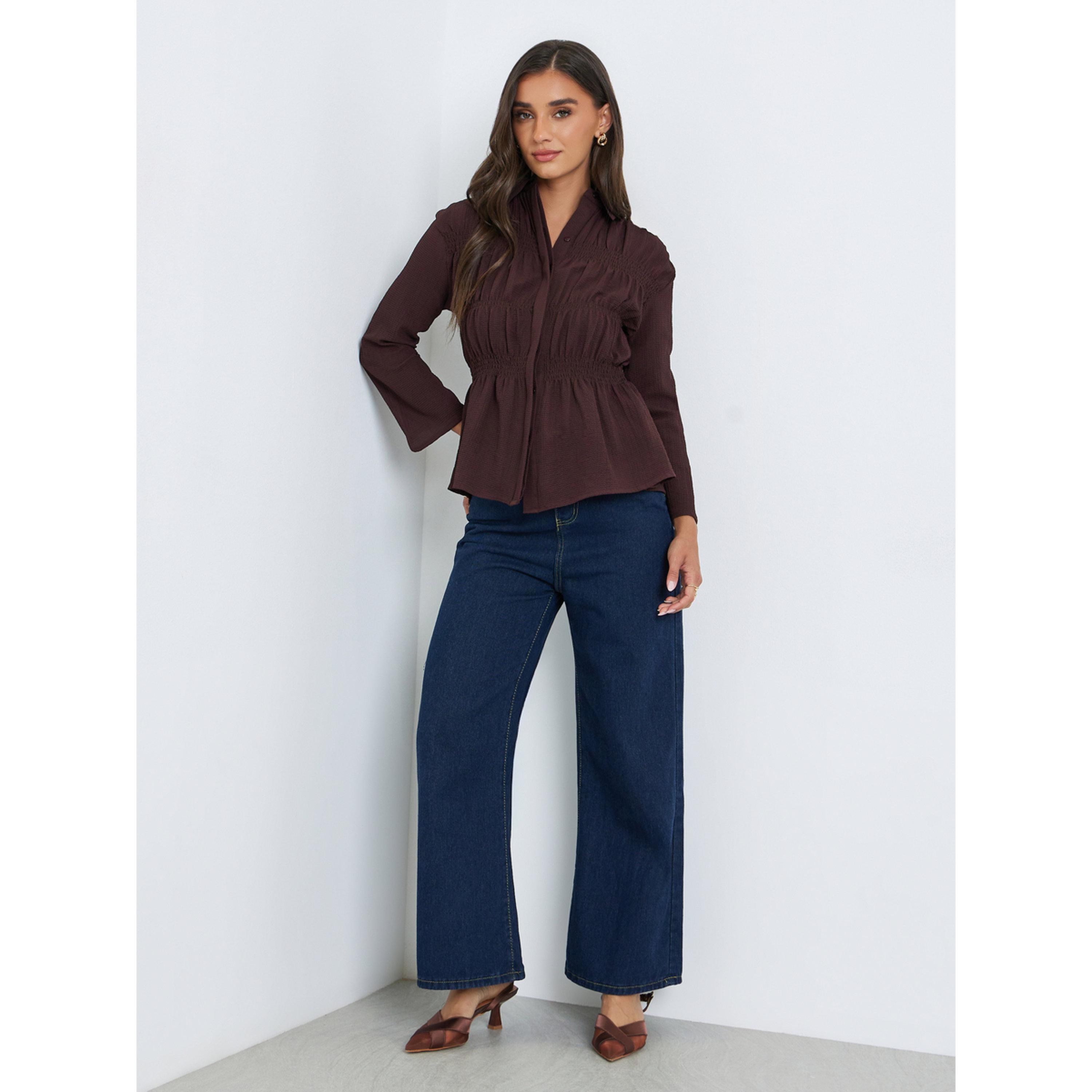 بلوزة بيبلوم بملمس بارز وتفاصيل سموك للنساء-women-clothing-shirtsandblouses-blouses-image-2