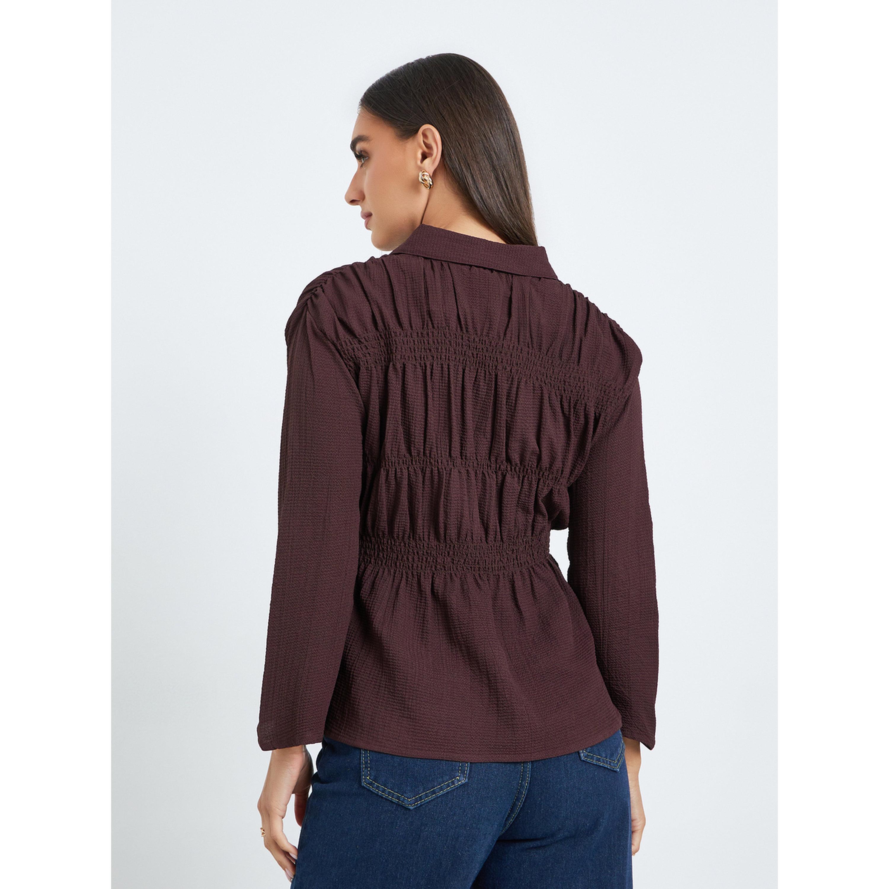 بلوزة بيبلوم بملمس بارز وتفاصيل سموك للنساء-women-clothing-shirtsandblouses-blouses-image-4