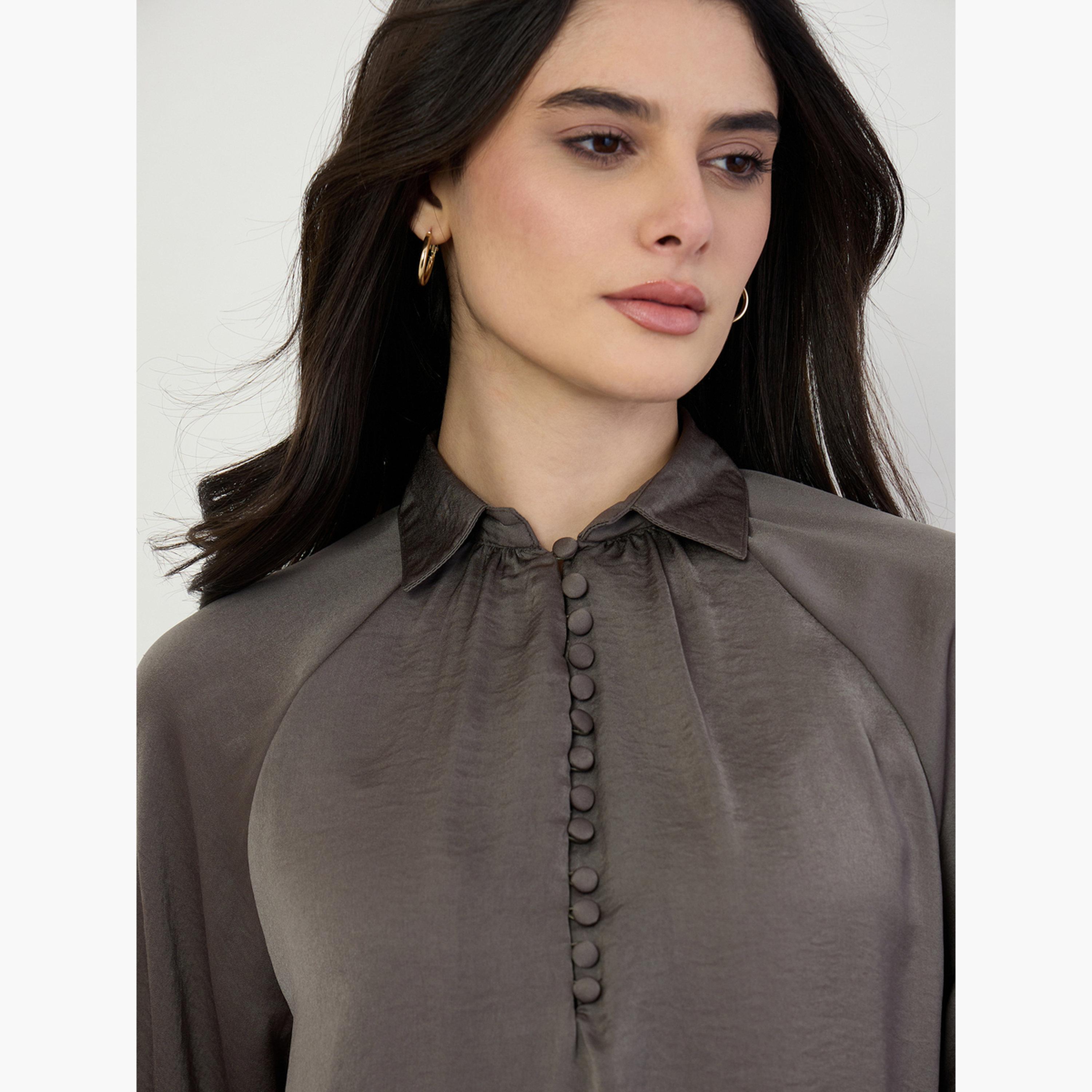 Styli Women Olive Oversized Blouse with Button Detail-women-clothing-shirtsandblouses-blouses-image-4