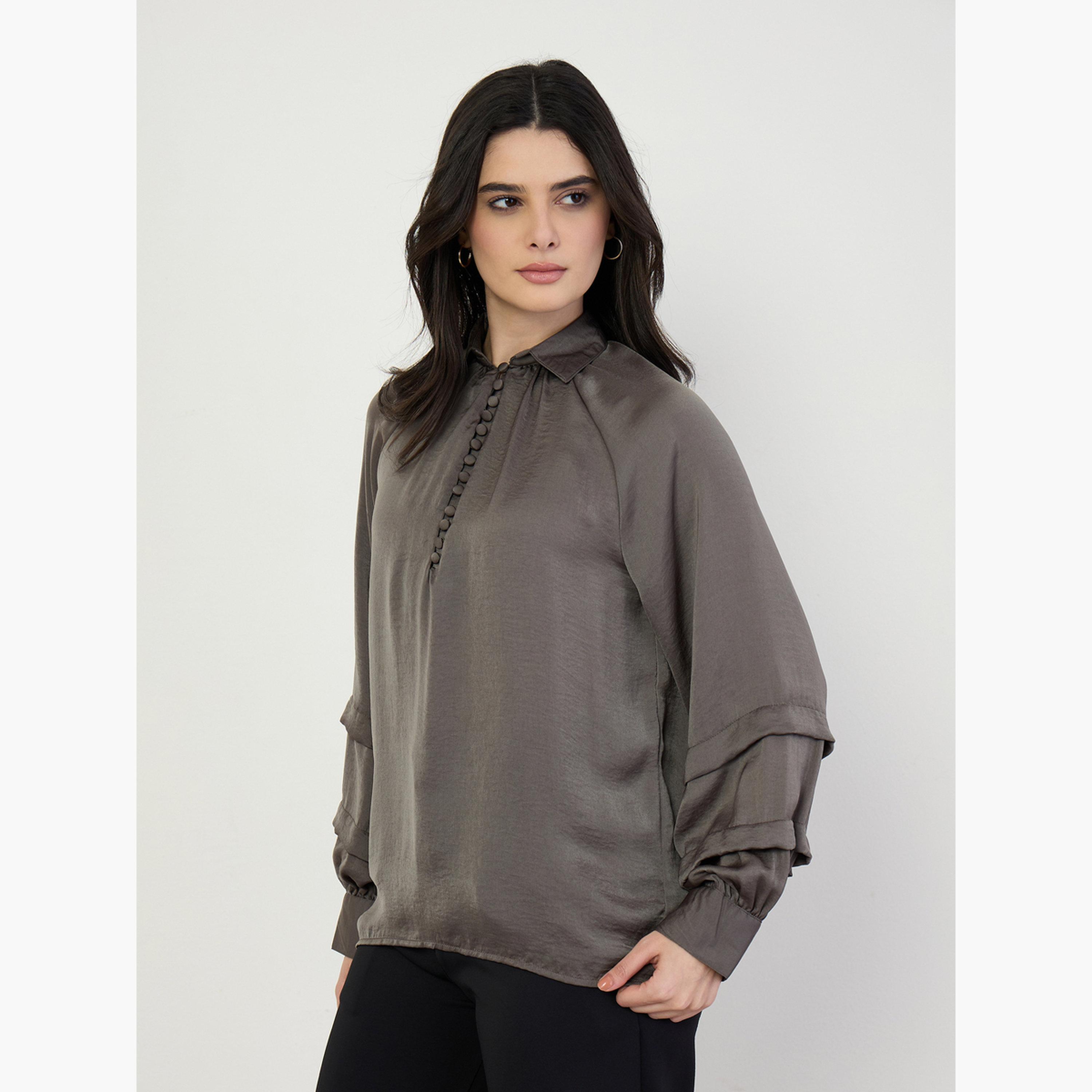 Styli Women Olive Oversized Blouse with Button Detail-women-clothing-shirtsandblouses-blouses-image-6