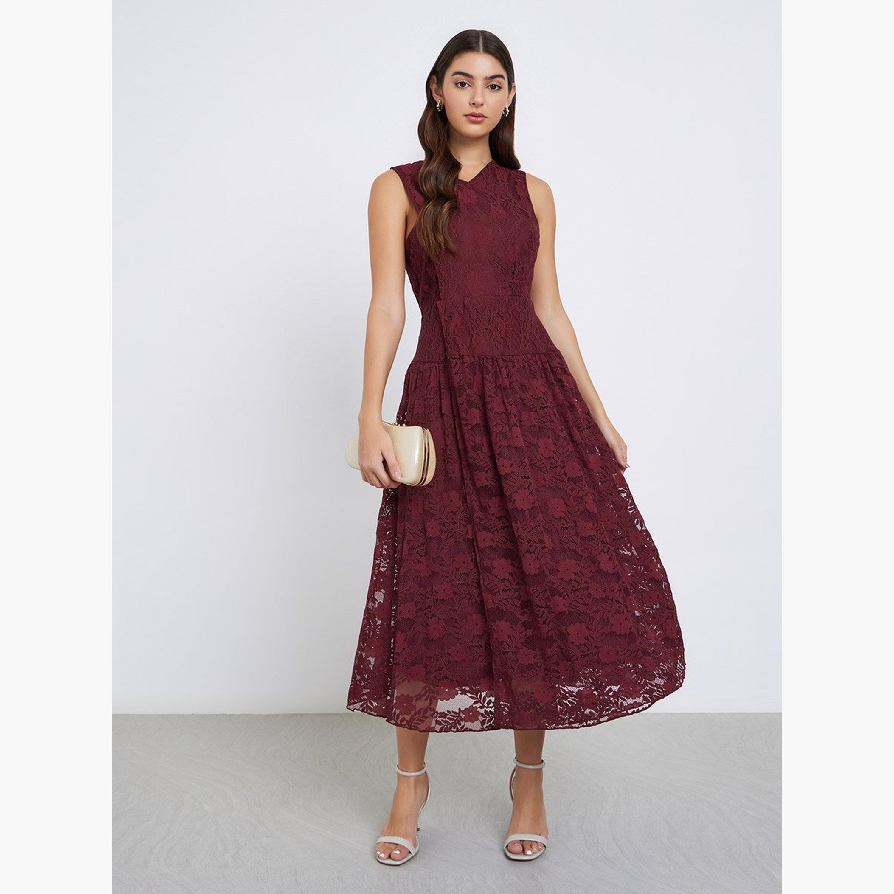 Styli Burgundy Lace Sleeveless Midi Dress-women-clothing-dresses-image-1