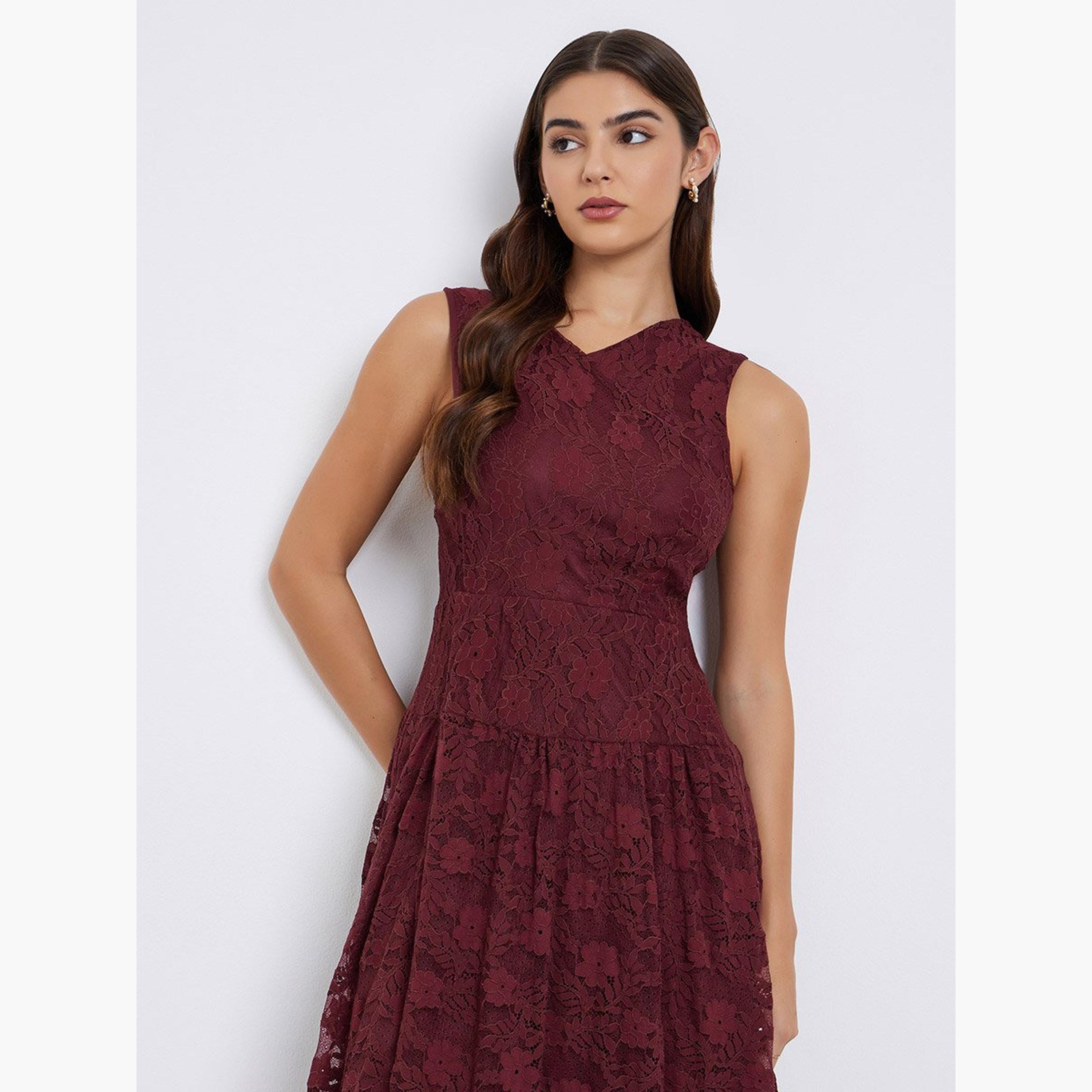 Styli Burgundy Lace Sleeveless Midi Dress-women-clothing-dresses-image-2