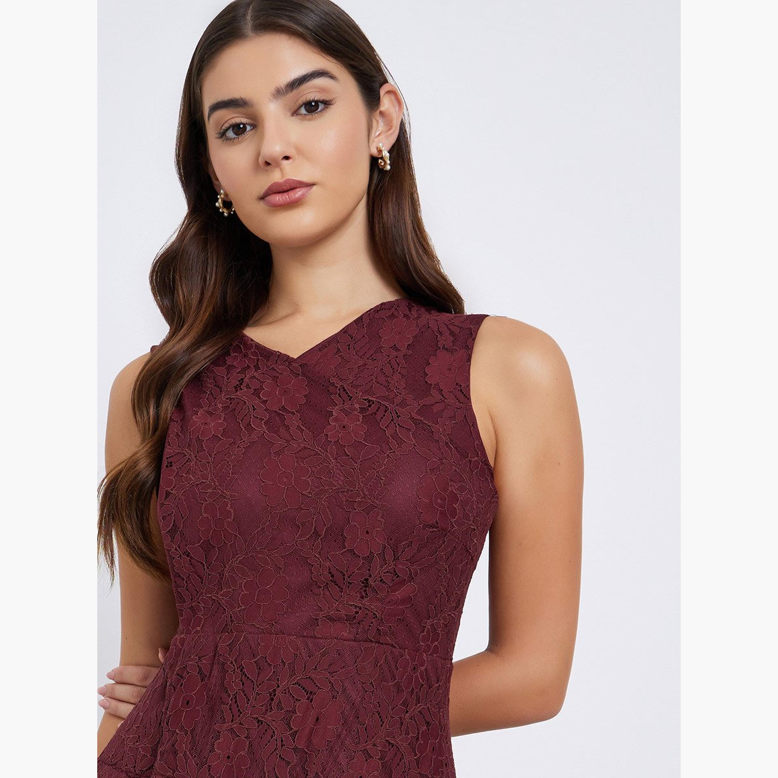 Styli Burgundy Lace Sleeveless Midi Dress-women-clothing-dresses-image-3