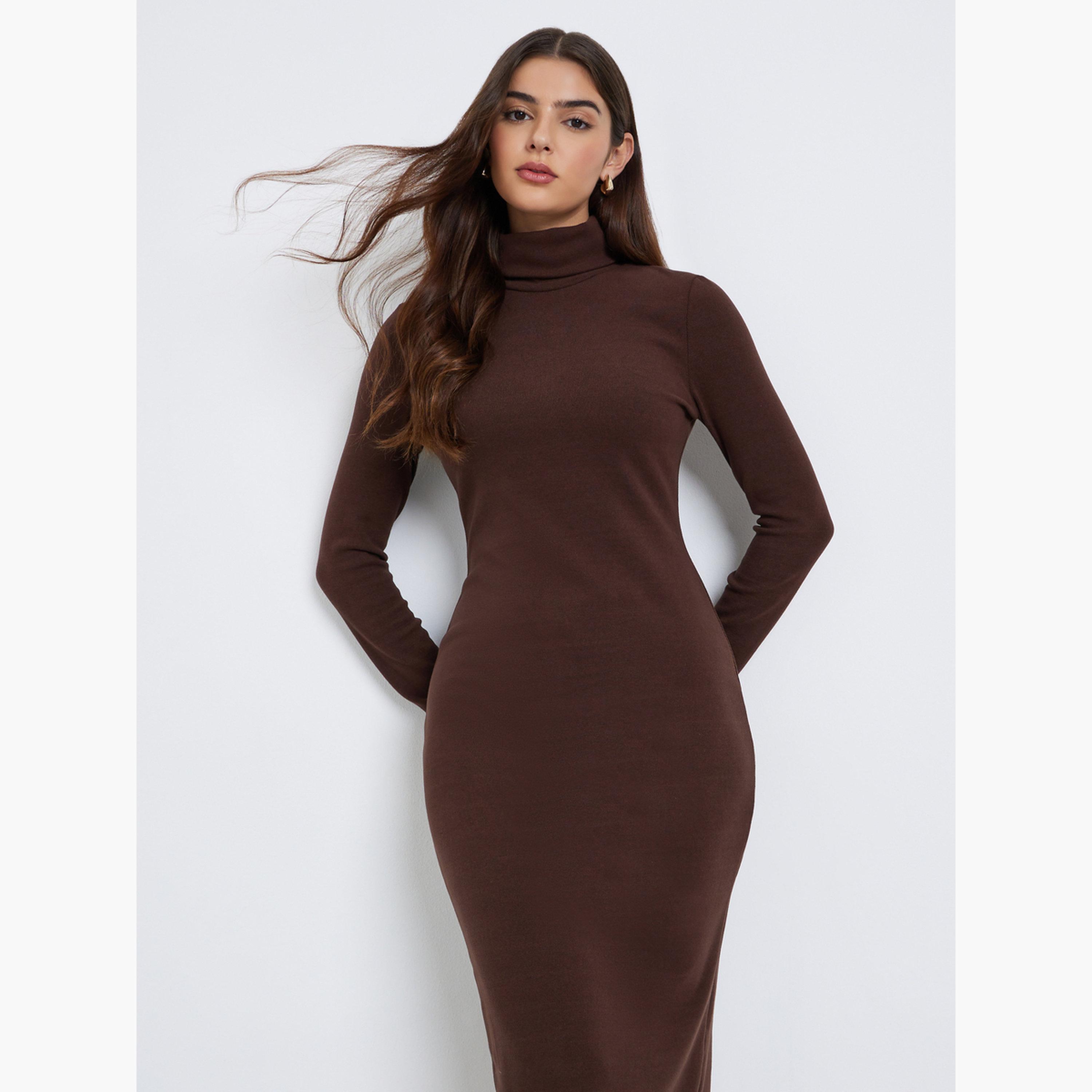 Styli Brown Turtle Neck Sweater Midi Dress-women-clothing-dresses-image-2