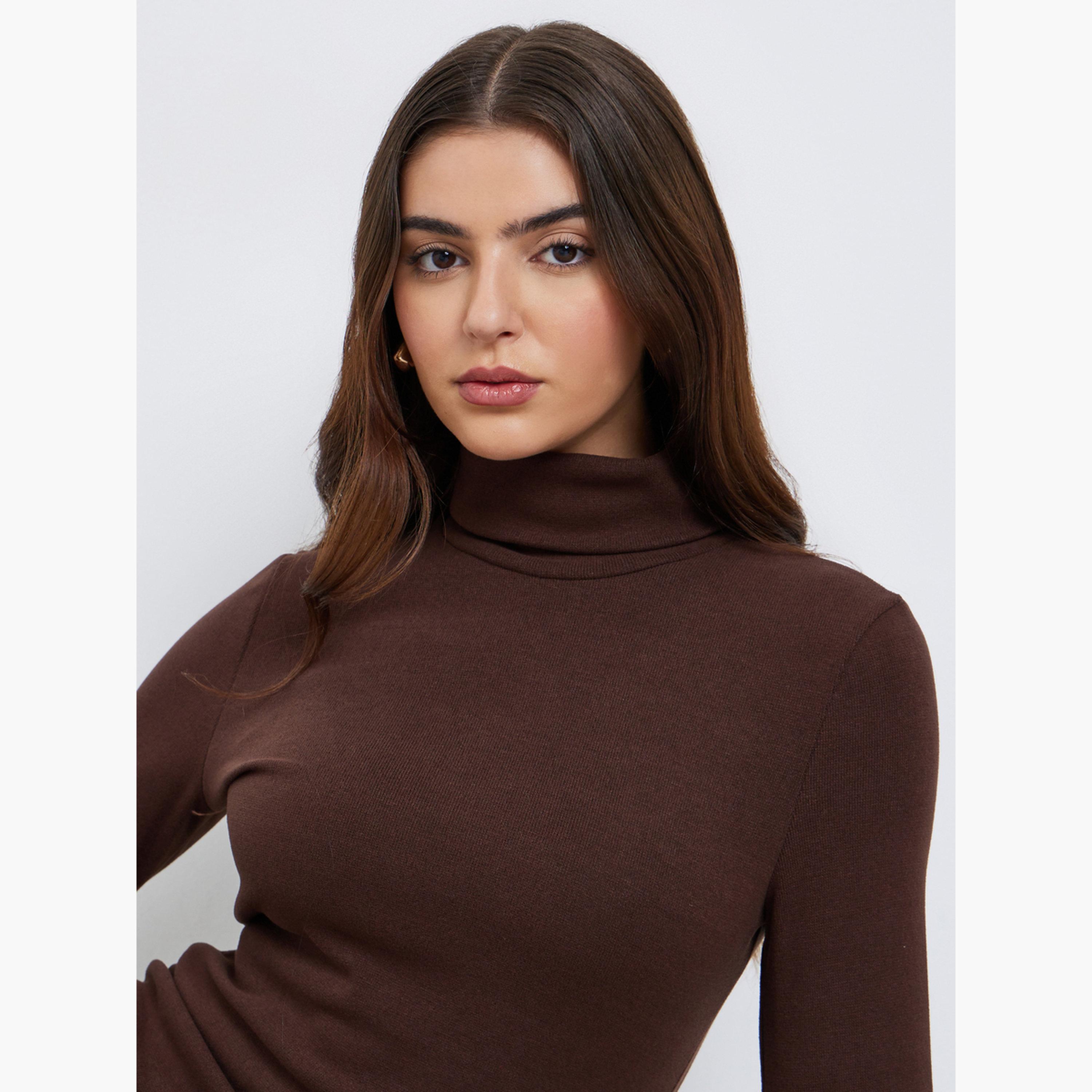 ستايلي - فستان بني متوسط ​​الطول بياقة مدورة-women-clothing-dresses-image-3