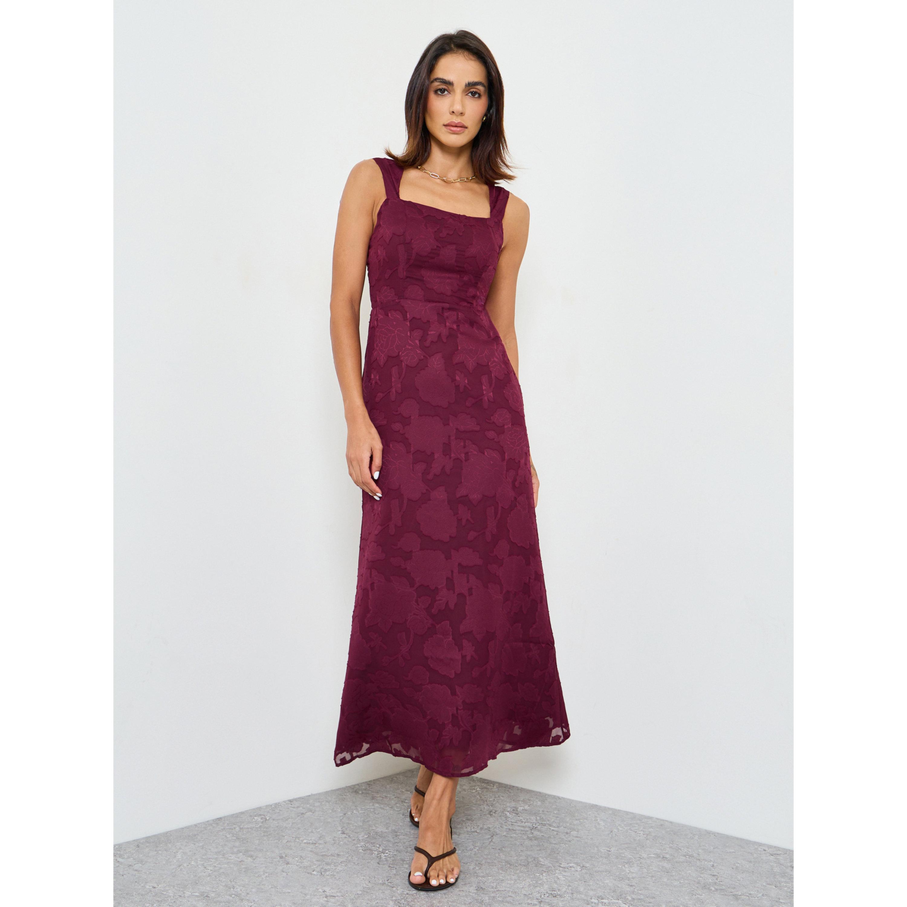 Take Two Burgundy Solid Lace Details Square Neck Midi Dress-women-clothing-dresses-image-1