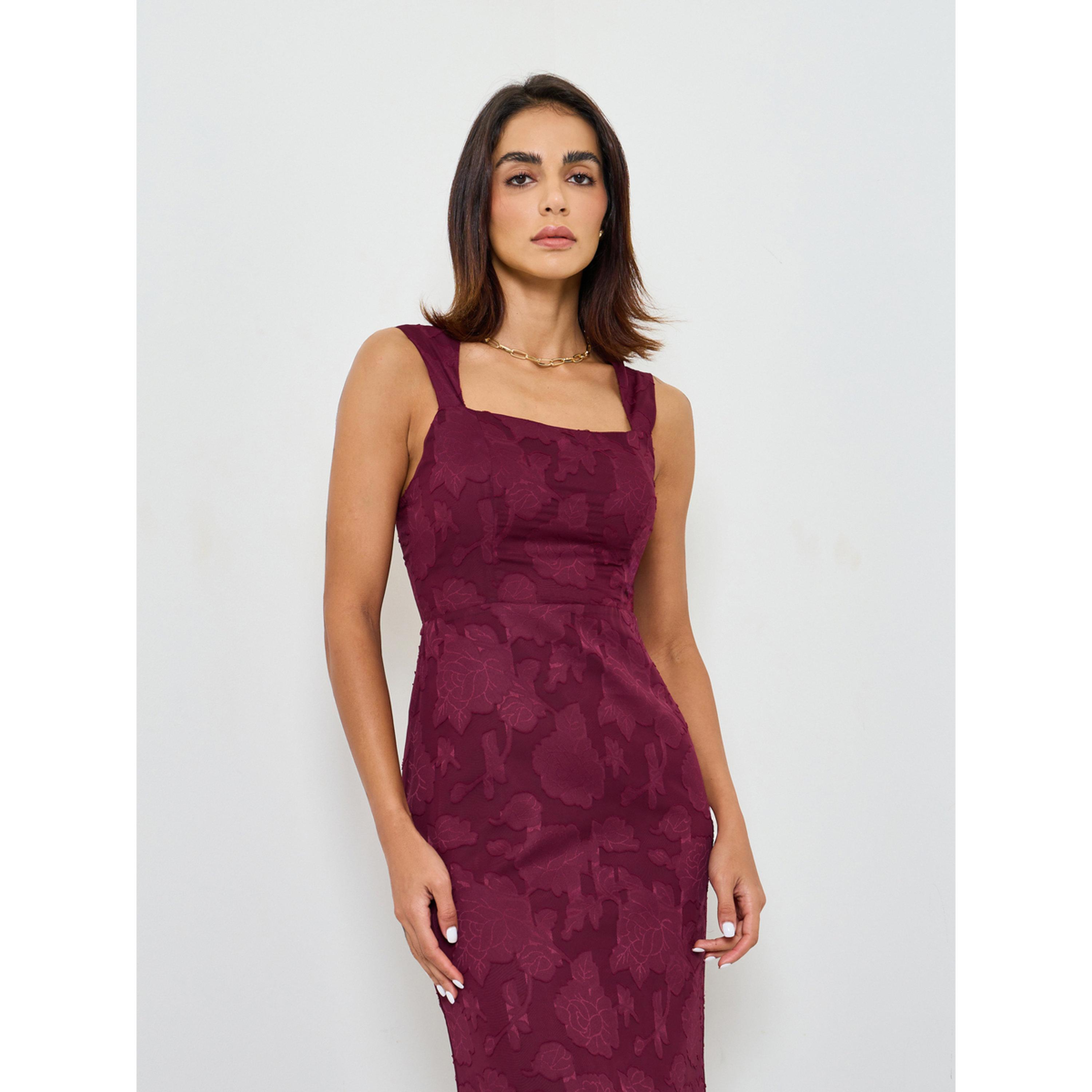 Take Two Burgundy Solid Lace Details Square Neck Midi Dress-women-clothing-dresses-image-2