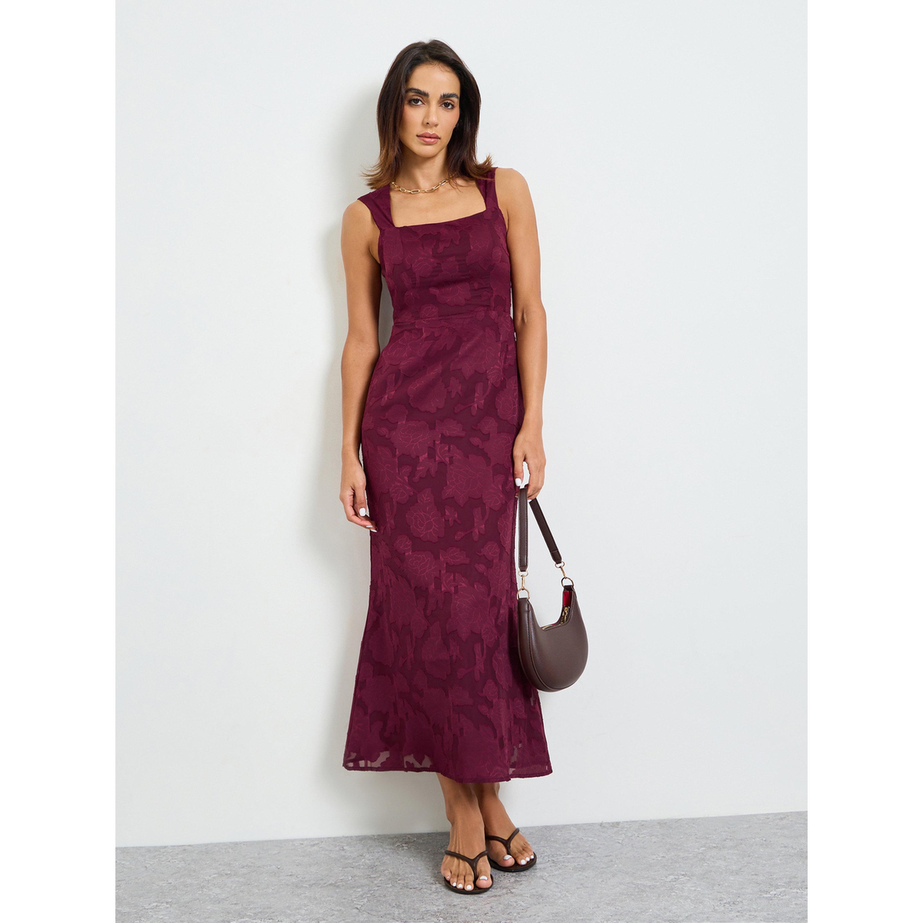 Take Two Burgundy Solid Lace Details Square Neck Midi Dress-women-clothing-dresses-image-3
