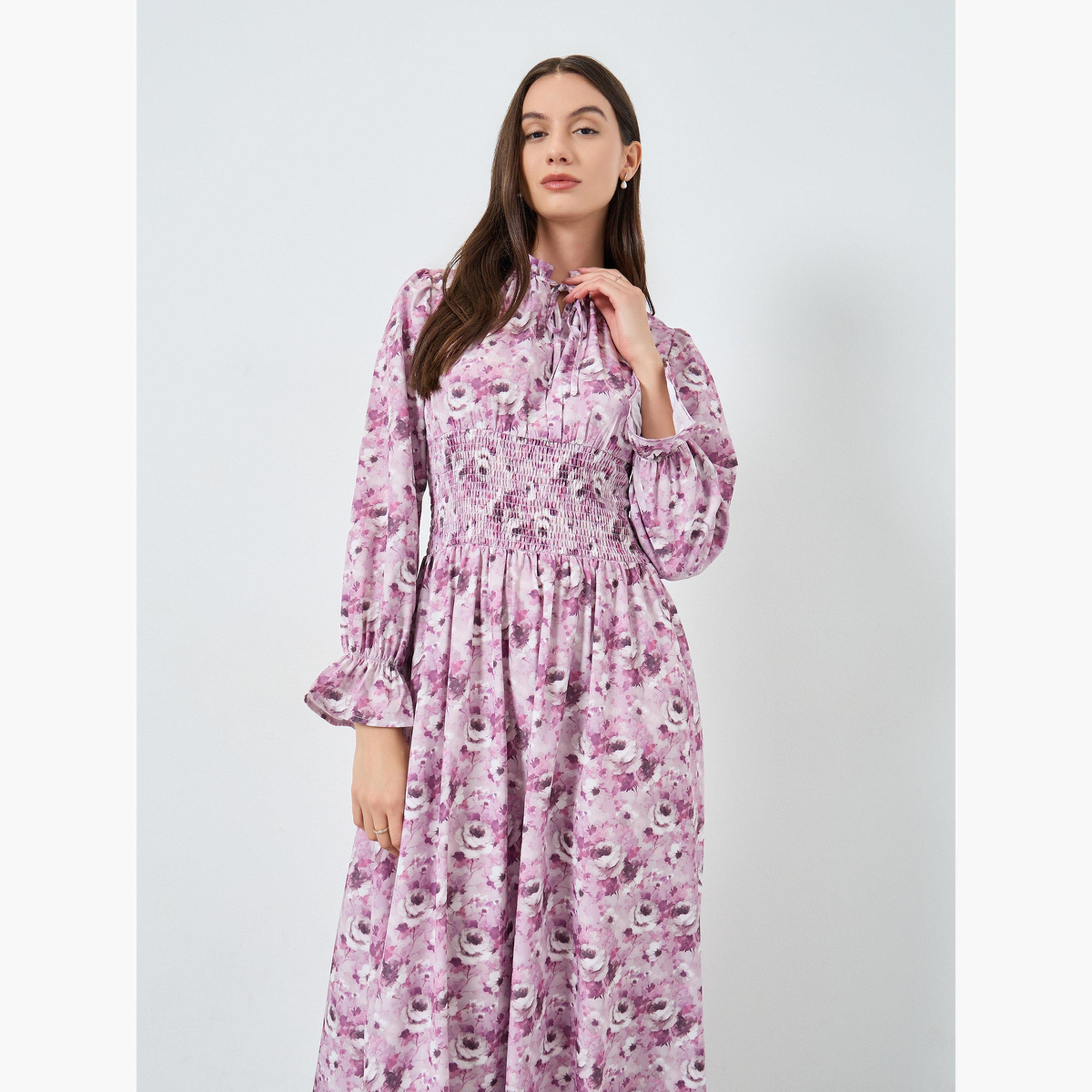 تيك تو - فستان ماكسي بطبعة زهور وتفاصيل تطريز-women-clothing-dresses-image-2