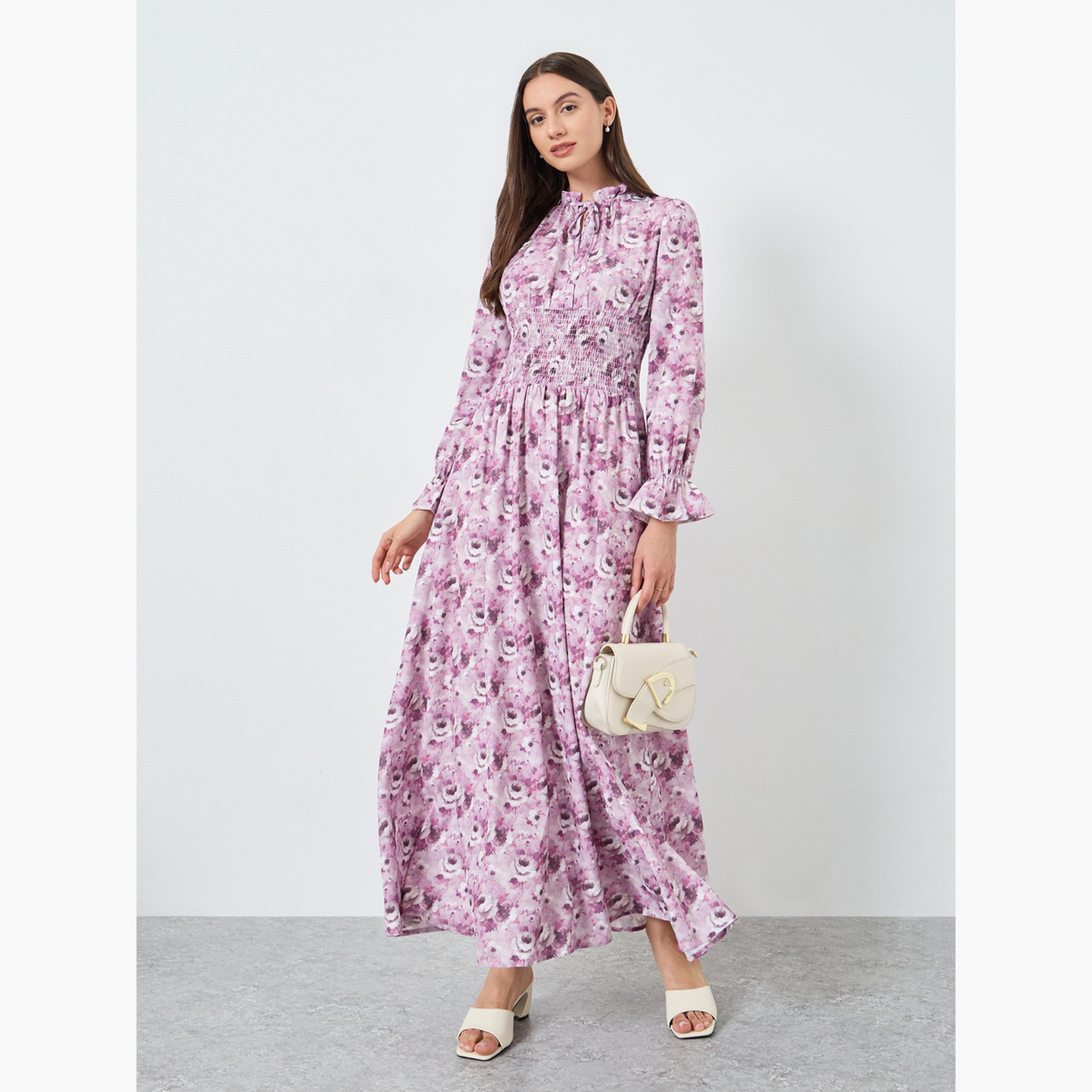 تيك تو - فستان ماكسي بطبعة زهور وتفاصيل تطريز-women-clothing-dresses-image-3