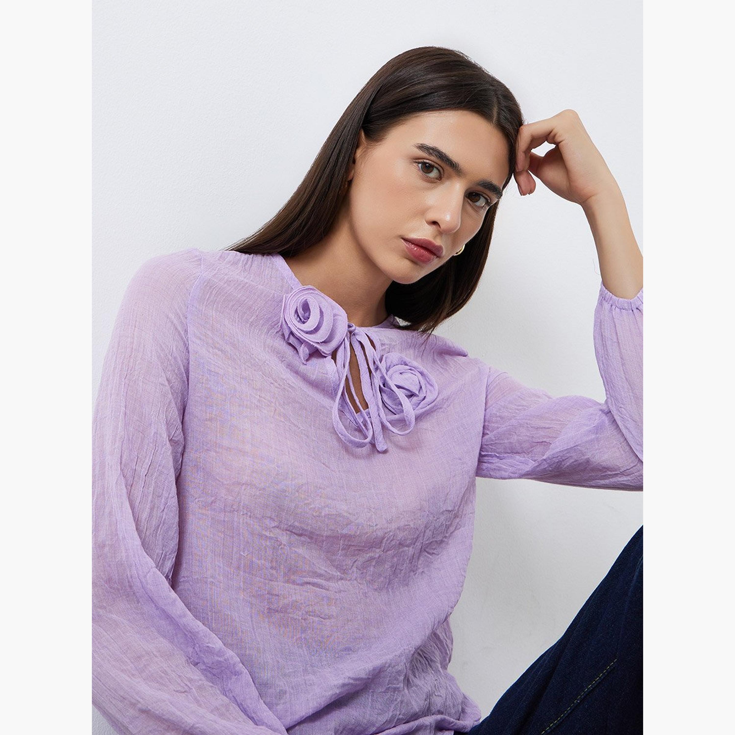 تيك تو - قميص أرجواني بأكمام طويلة مع تفاصيل زهور-women-clothing-shirtsandblouses-shirts-image-3