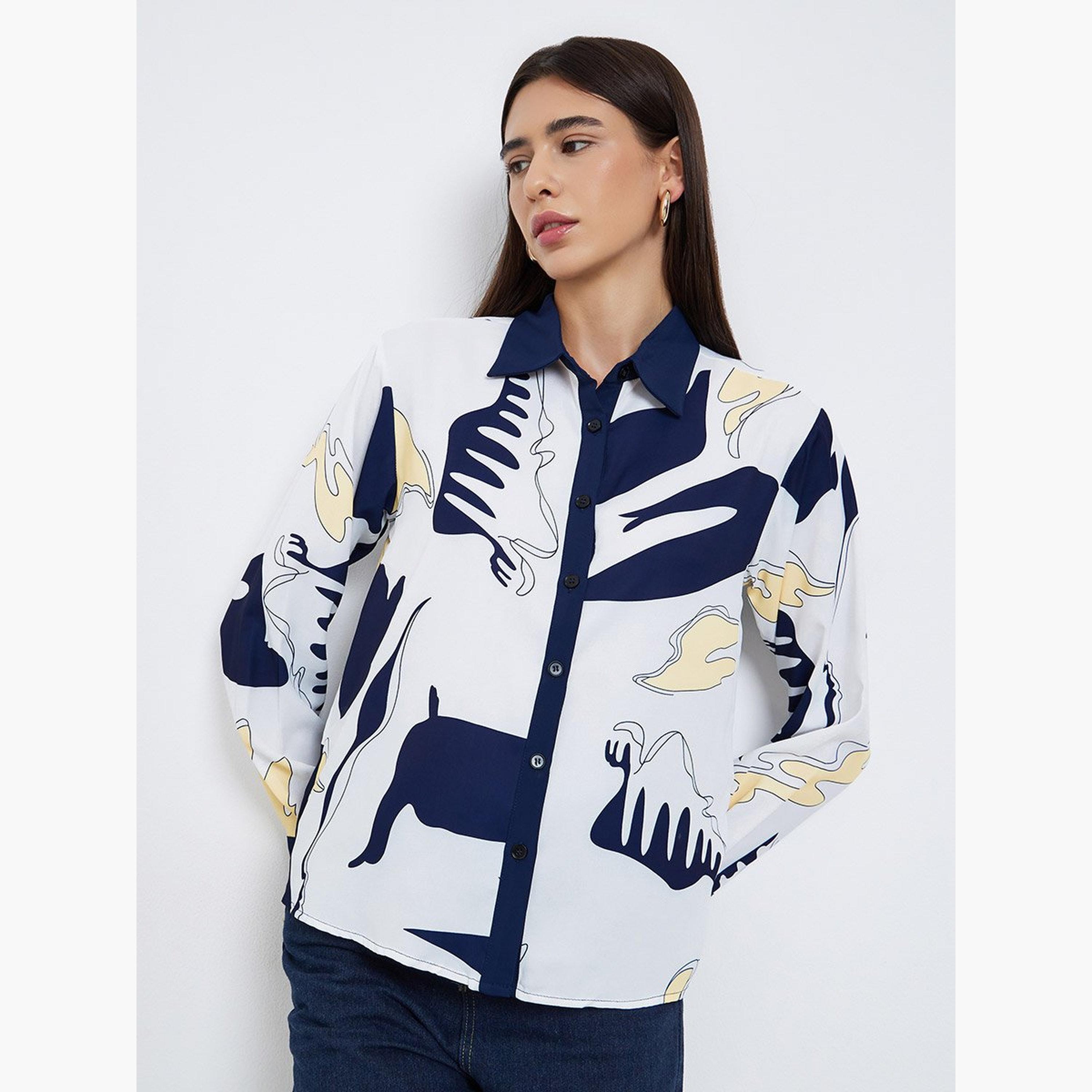 تيك تو - قميص مطبوع بقصّة عادية وأزرار-women-clothing-shirtsandblouses-shirts-image-1