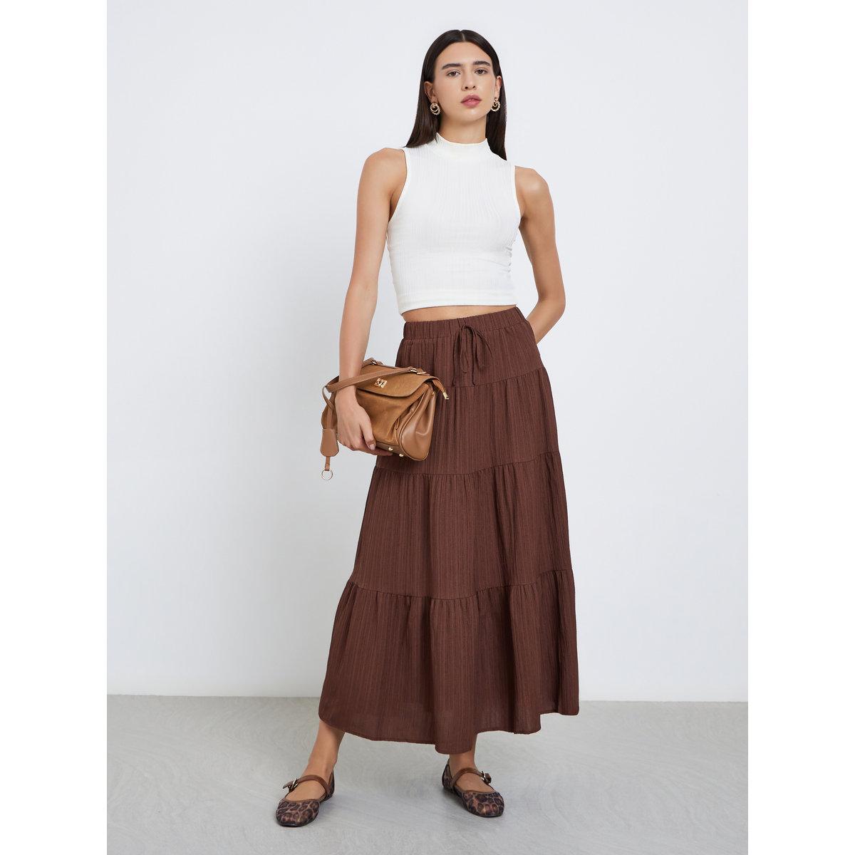 تنورة طويلة سادة بتفاصيل كسرات-women-clothing-skirts-image-1
