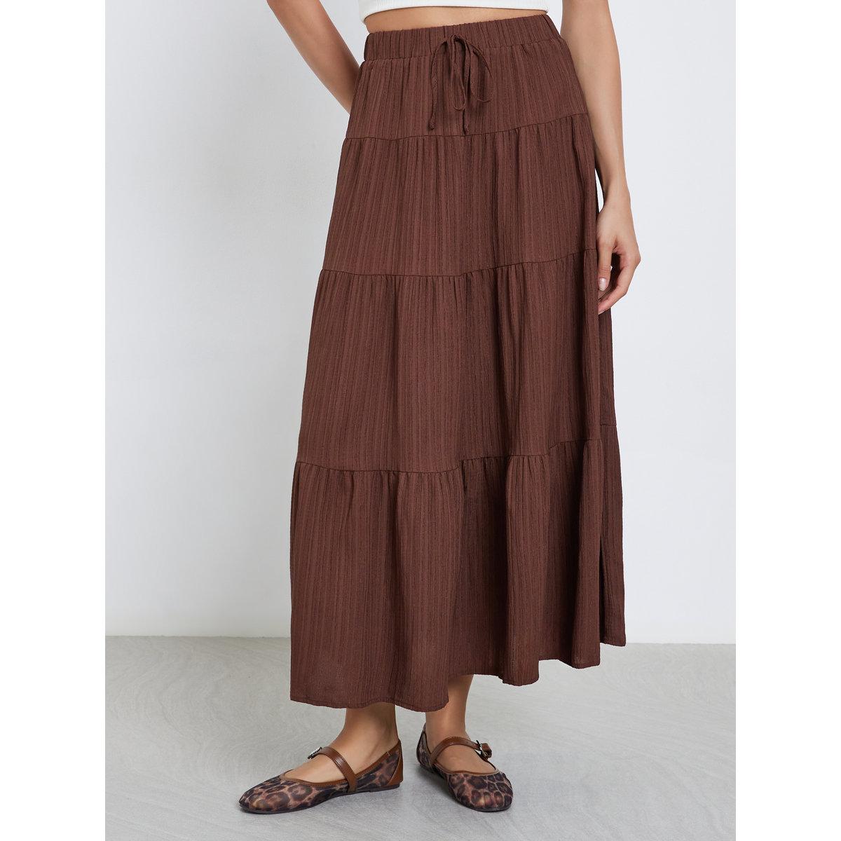 تنورة طويلة سادة بتفاصيل كسرات-women-clothing-skirts-image-2