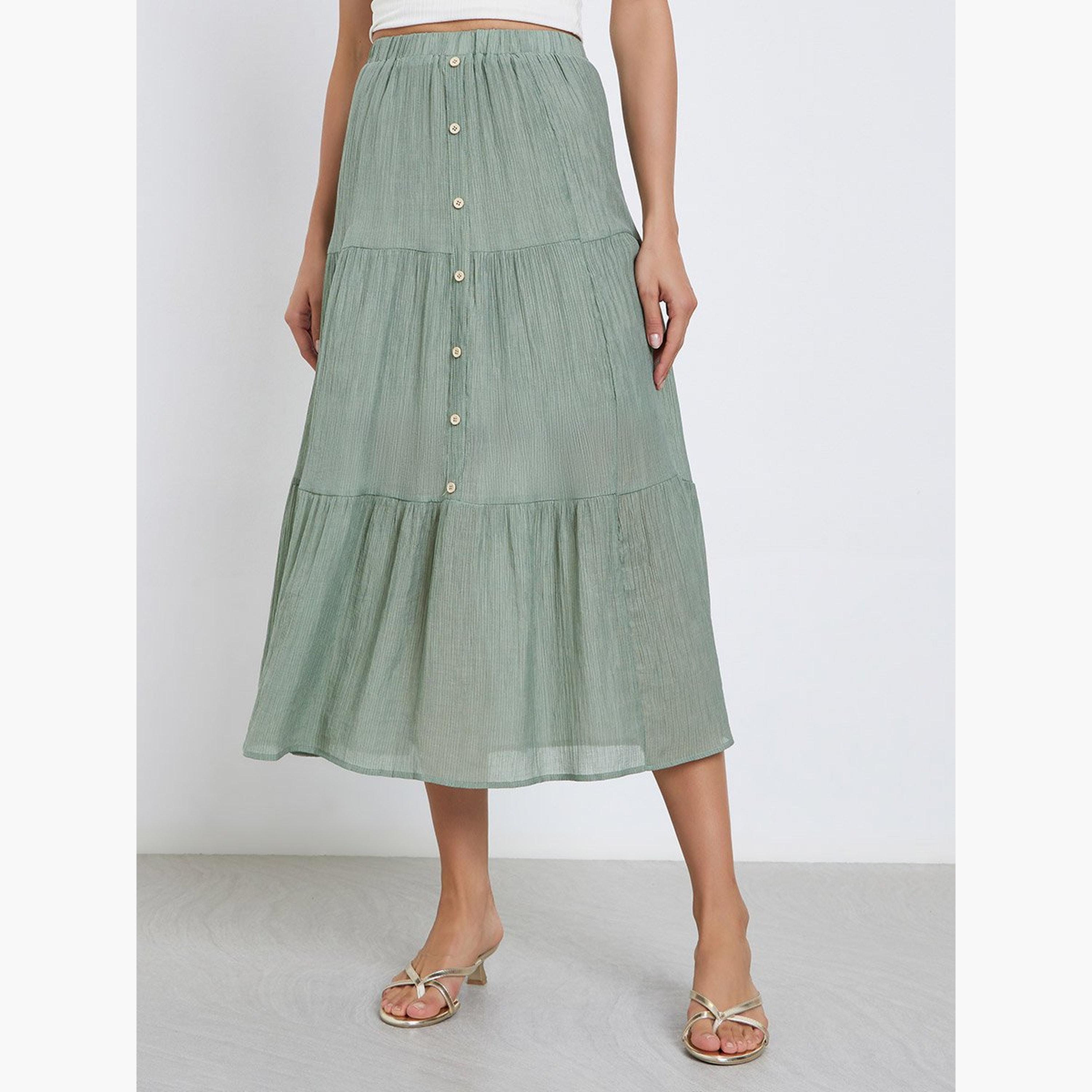 Take Two Khaki Button Detail Tiered Midi Skirt-women-clothing-skirts-image-1