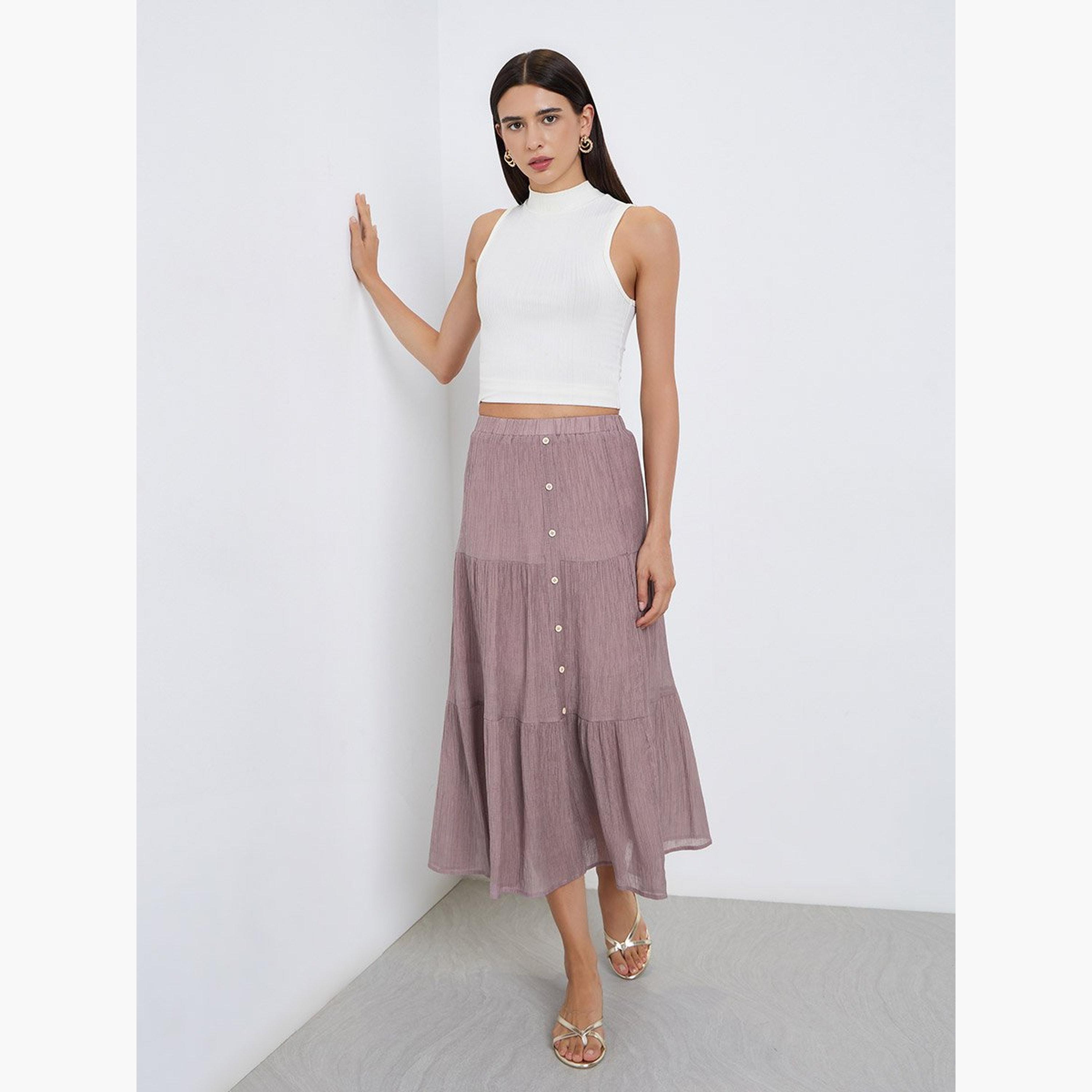 Take Two Tan Button Detail Tiered Midi Skirt-women-clothing-bottoms-skirts-image-2
