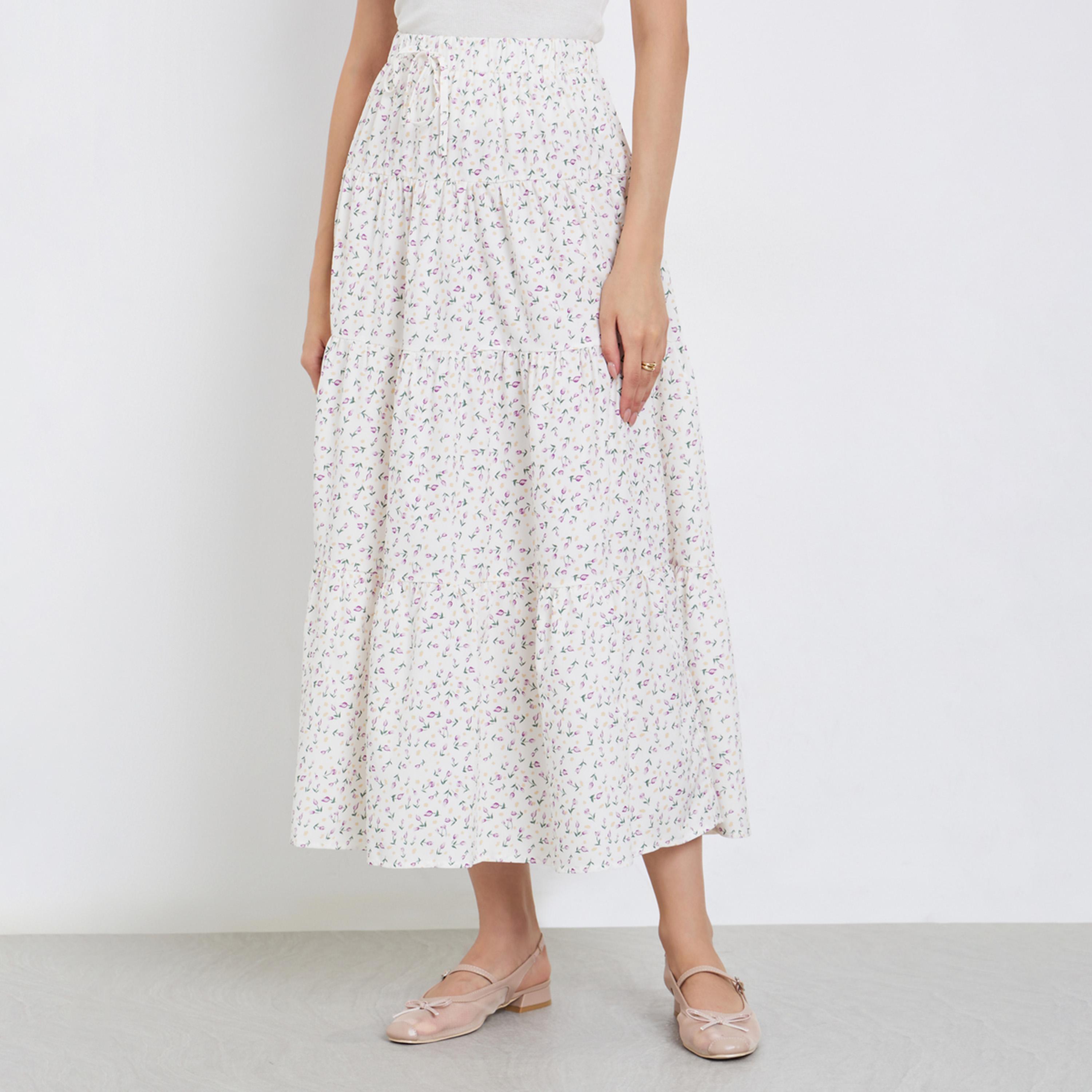 تيك تو - تنورة ماكسي بطبعة زهور وخصر مرن على شكل حرف A-women-clothing-bottoms-skirts-image-1
