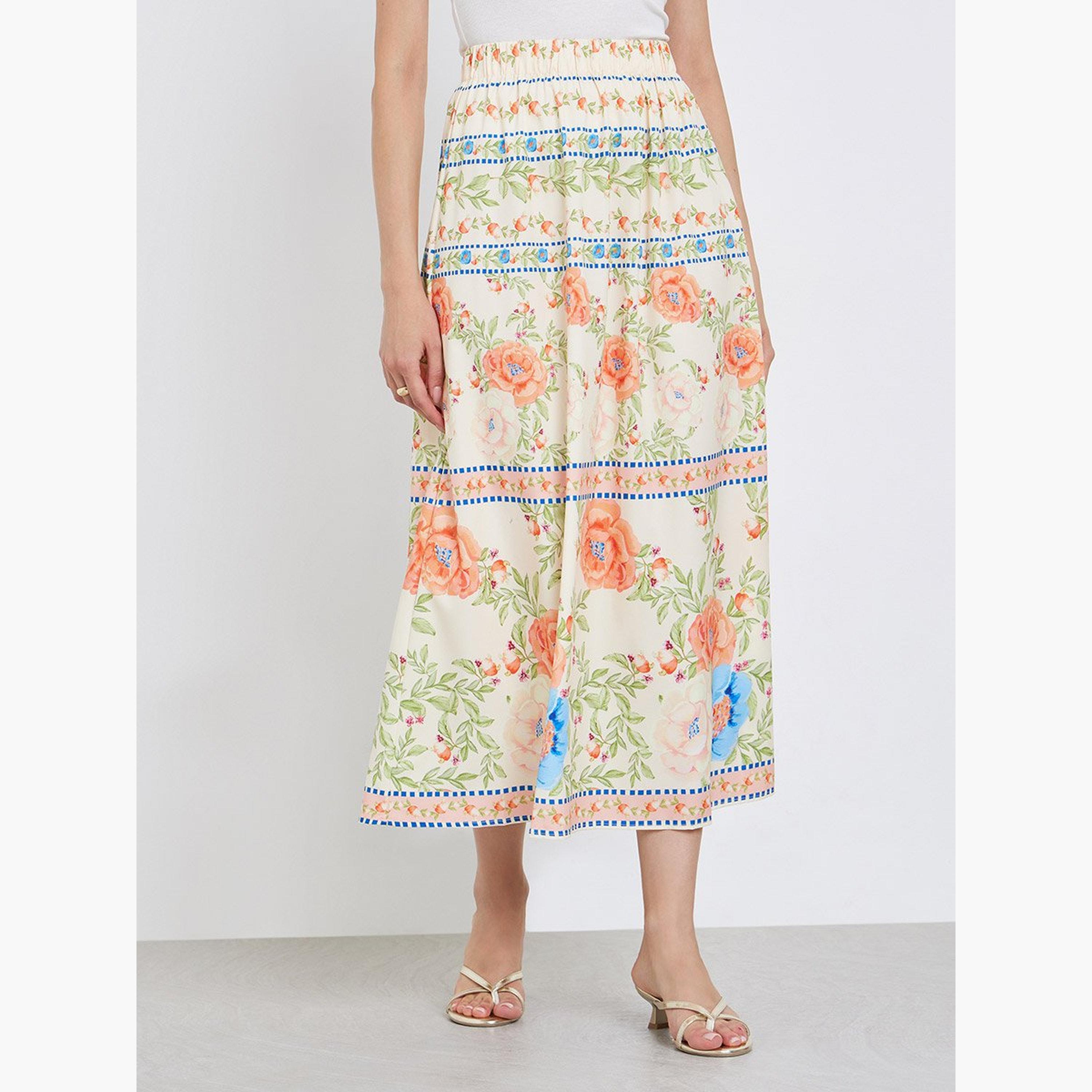تنورة ميدي بحافة واسعة وطبعة زهور مع خصر مطاطي-women-clothing-bottoms-skirts-image-1