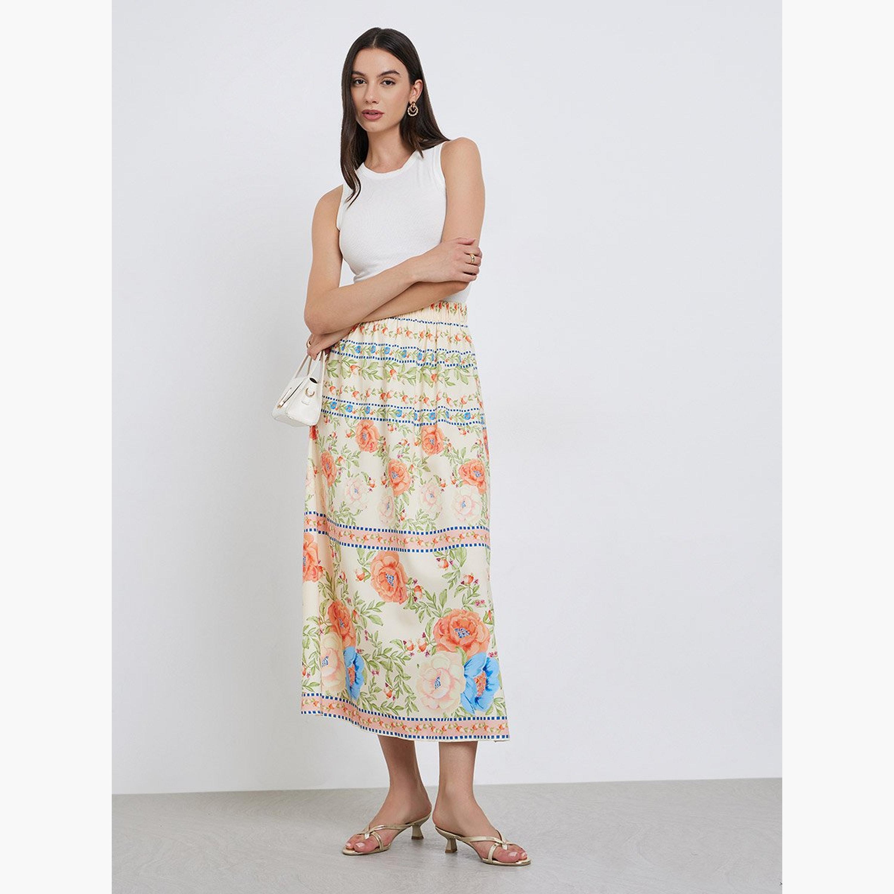 Take Two Floral Print Elastic Waist A-Line Midi Skirt-women-clothing-bottoms-skirts-image-2