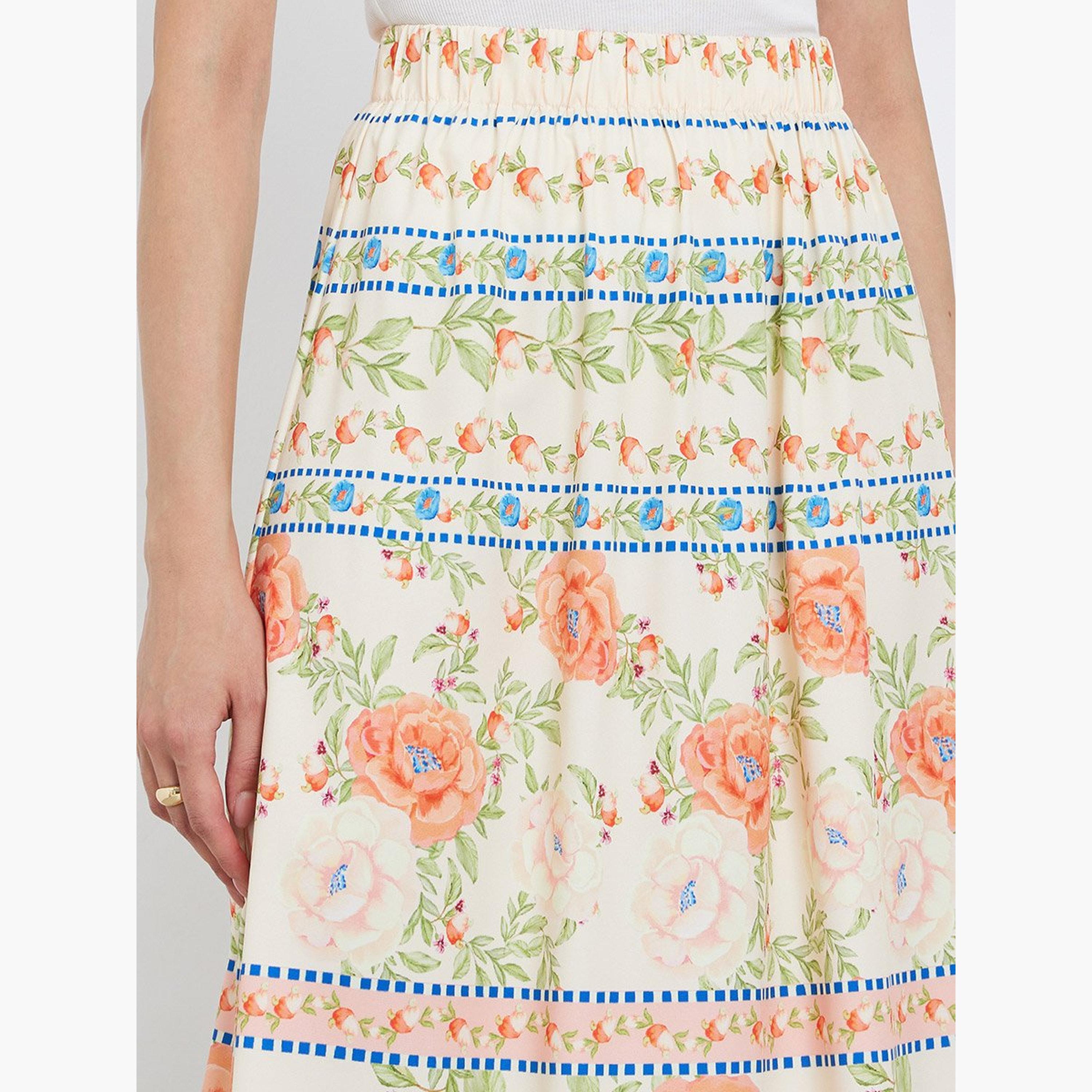 تنورة ميدي بحافة واسعة وطبعة زهور مع خصر مطاطي-women-clothing-bottoms-skirts-image-4