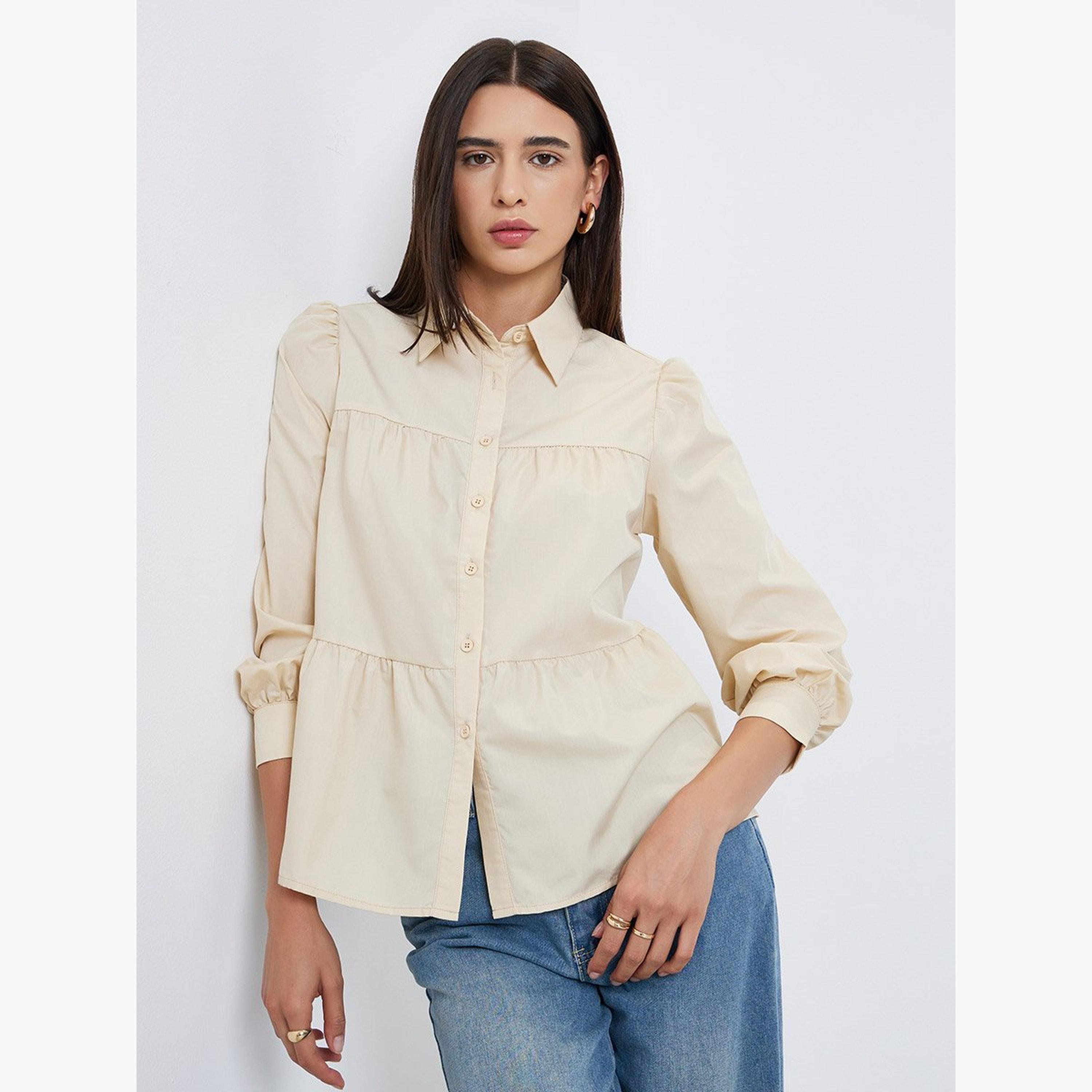 Take Two Beige Button Front Puff Sleeve Shirt-women-clothing-shirtsandblouses-shirts-image-1