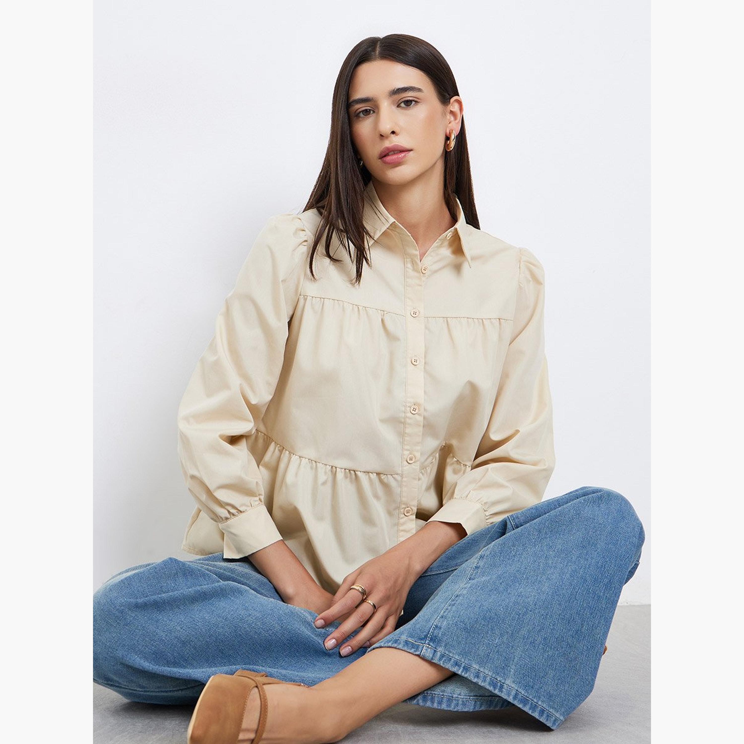 Take Two Beige Button Front Puff Sleeve Shirt-women-clothing-shirtsandblouses-shirts-image-2