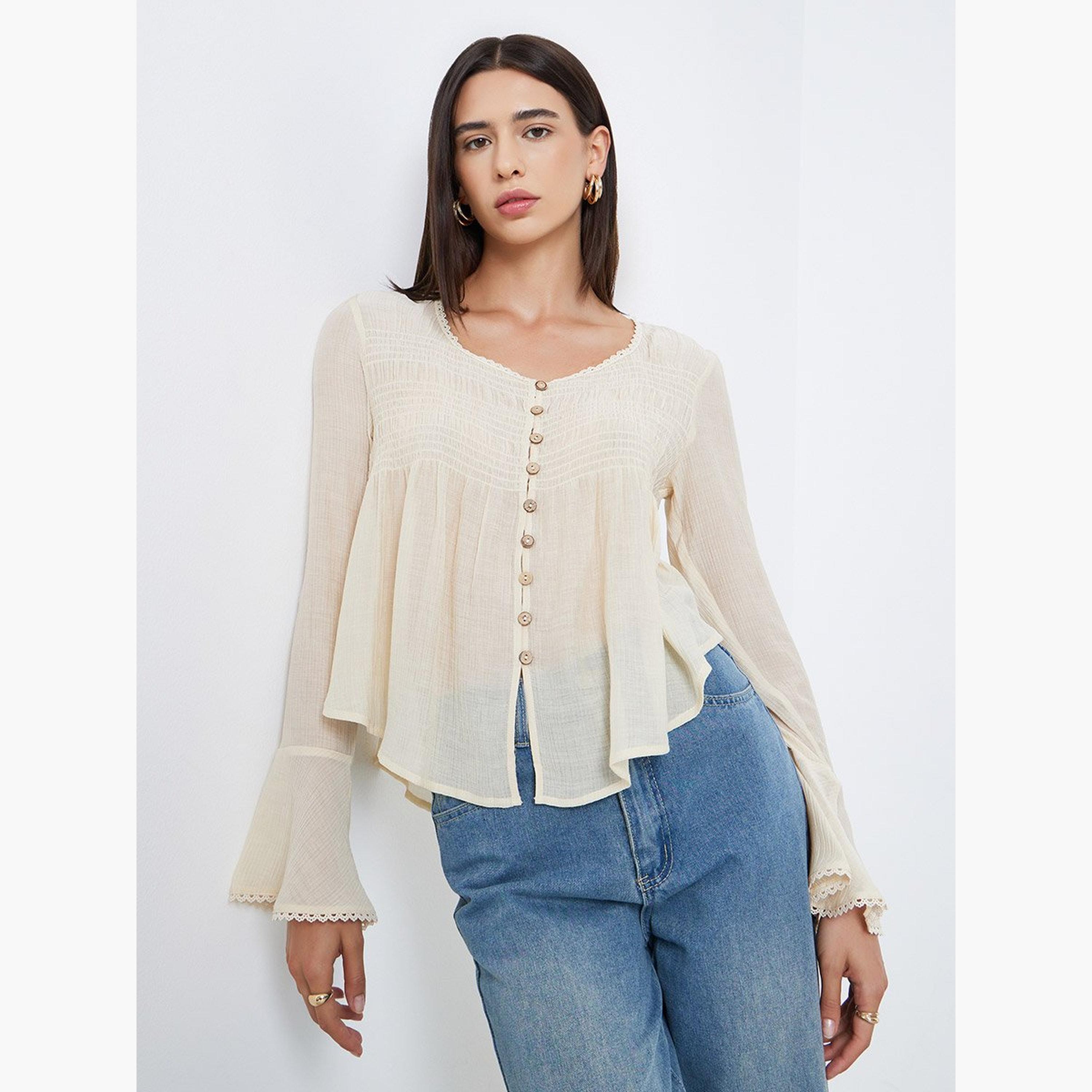 Take Two Beige Bell Sleeve Buttoned Top-women-clothing-shirtsandblouses-blouses-image-1
