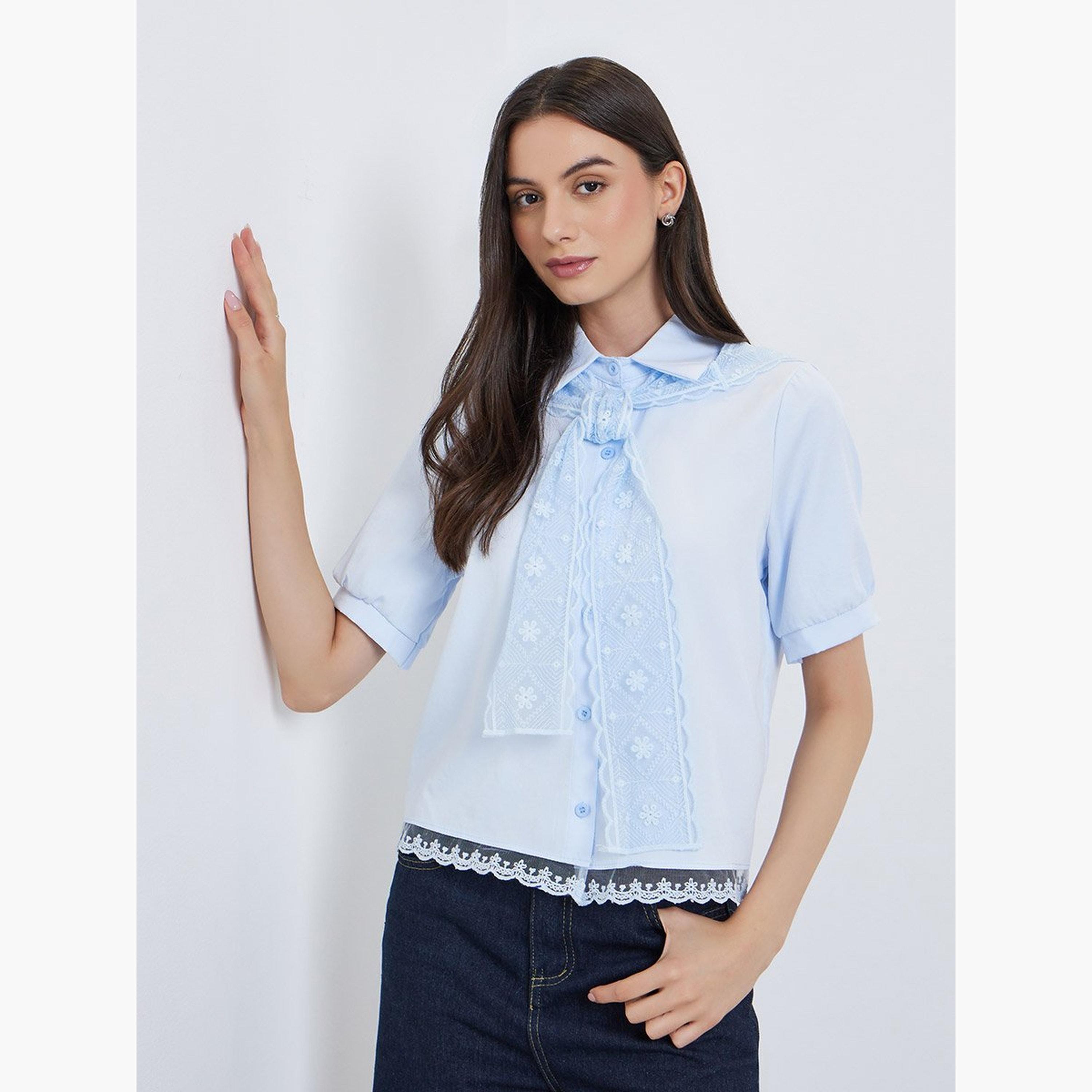 Take Two Light Blue Lace Trimmed Short Sleeve Shirt-women-clothing-shirtsandblouses-shirts-image-1