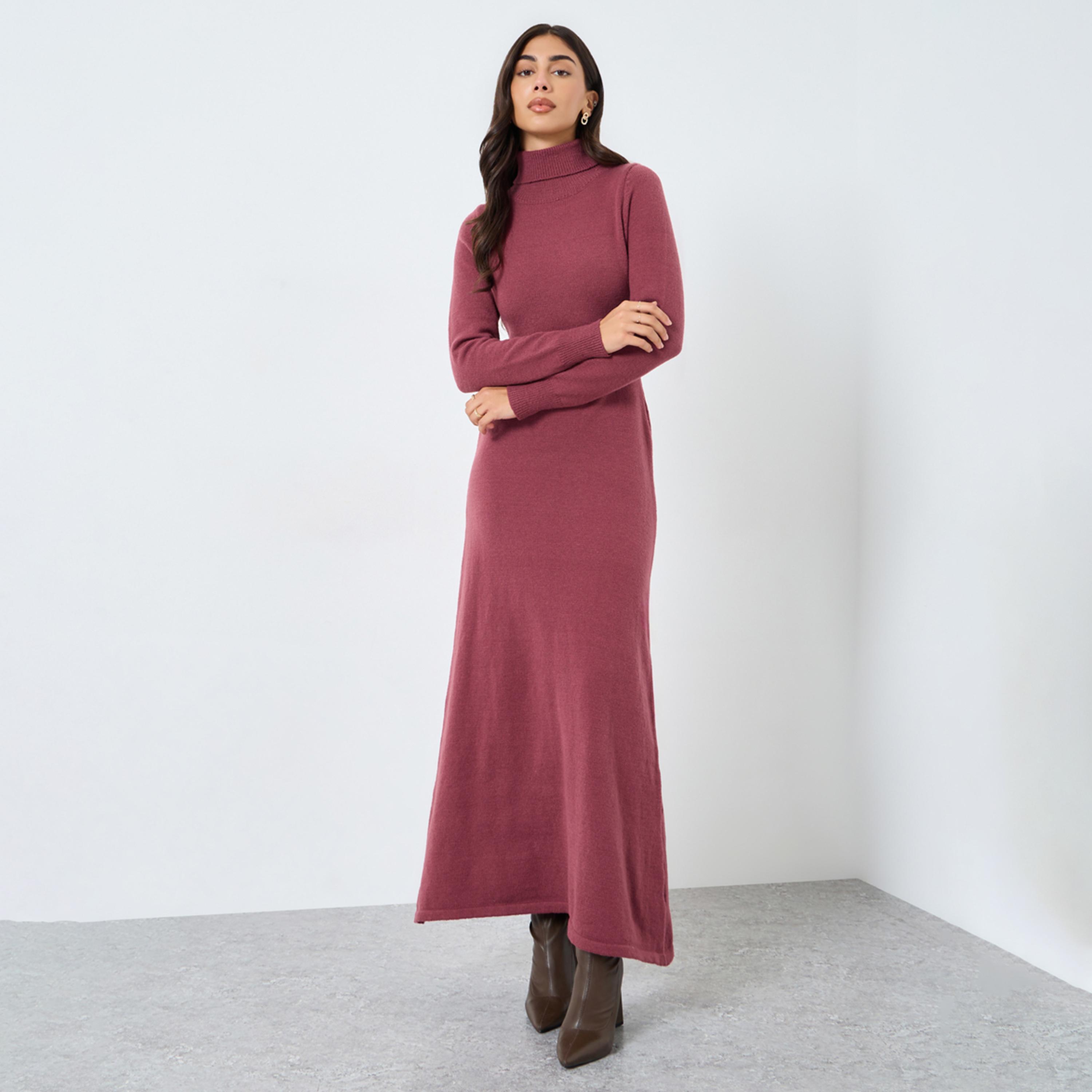 ستايلي - فستان ماكسي برغندي برقبة مطوية-women-clothing-dresses-image-1