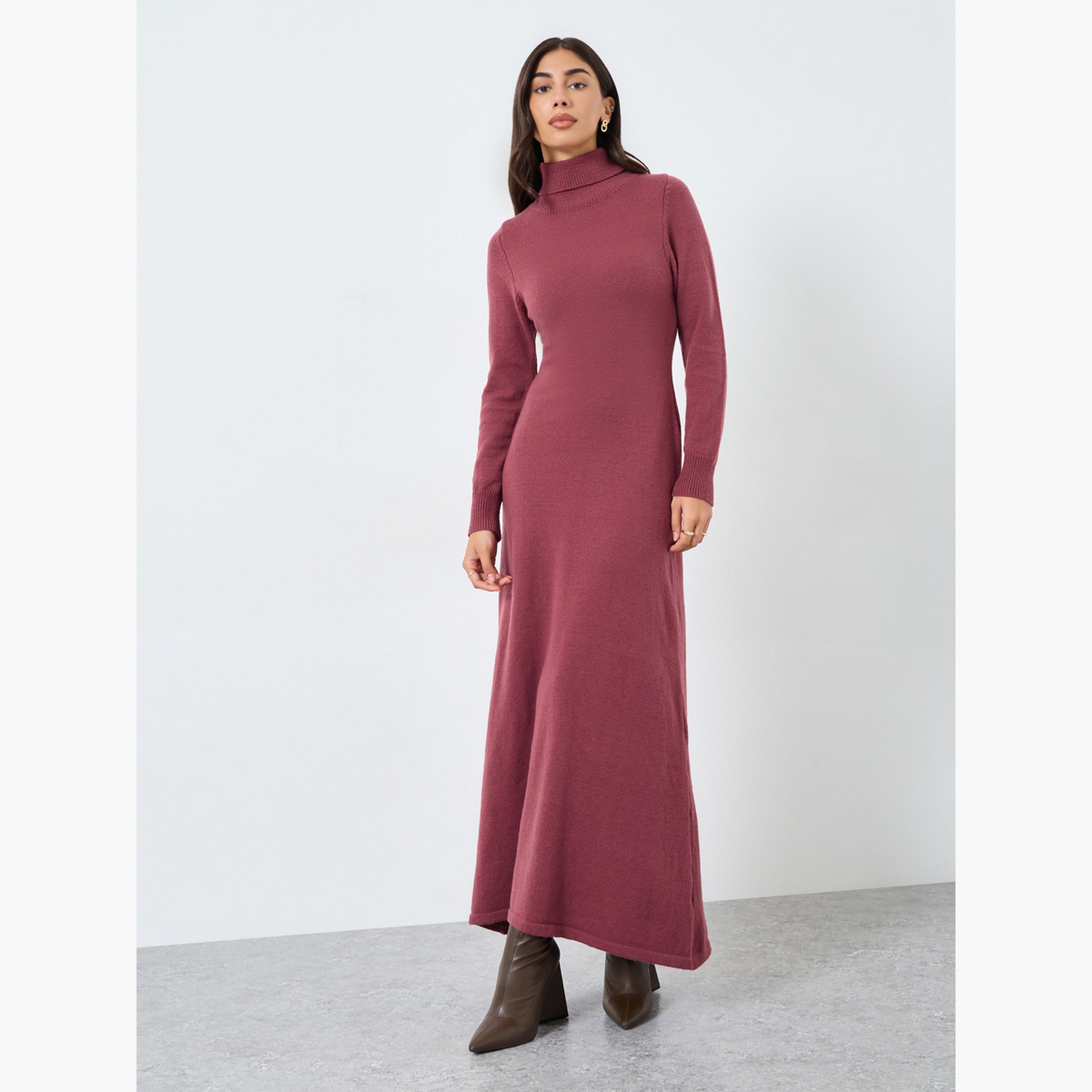 ستايلي - فستان ماكسي برغندي برقبة مطوية-women-clothing-dresses-image-2