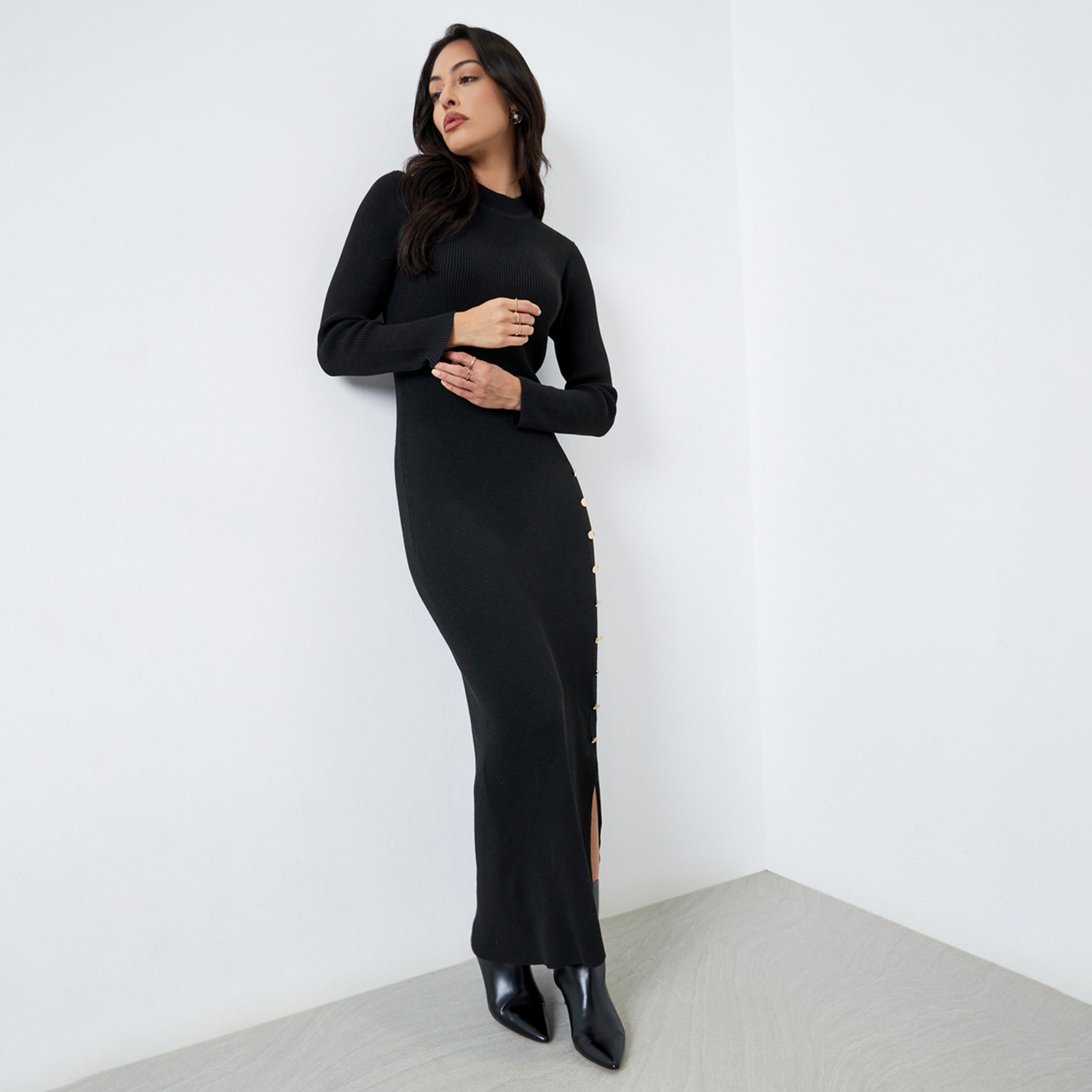 Styli Black Side Slit Long Sleeves Sweater Maxi Dress-women-clothing-dresses-image-1