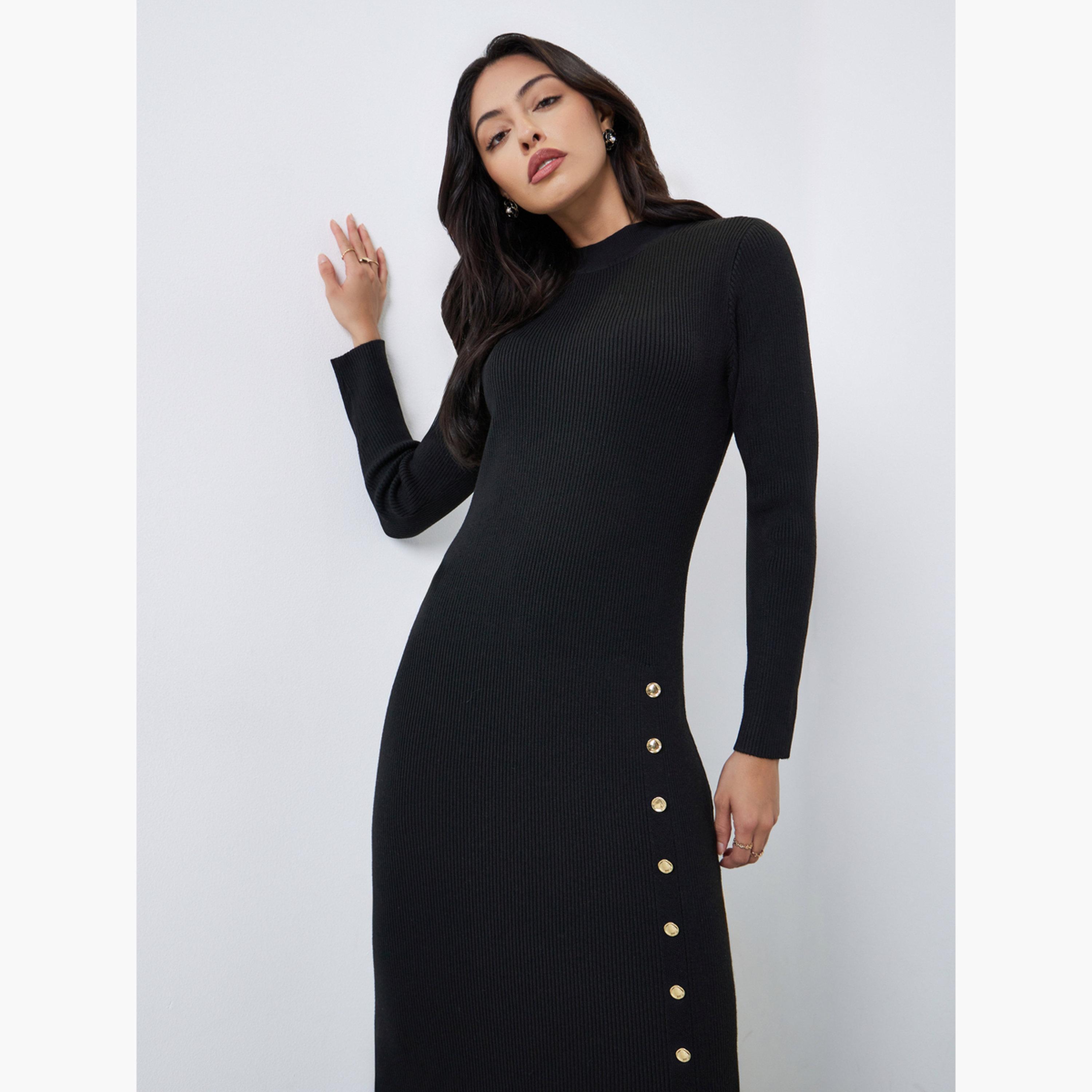 Styli Black Side Slit Long Sleeves Sweater Maxi Dress-women-clothing-dresses-image-2