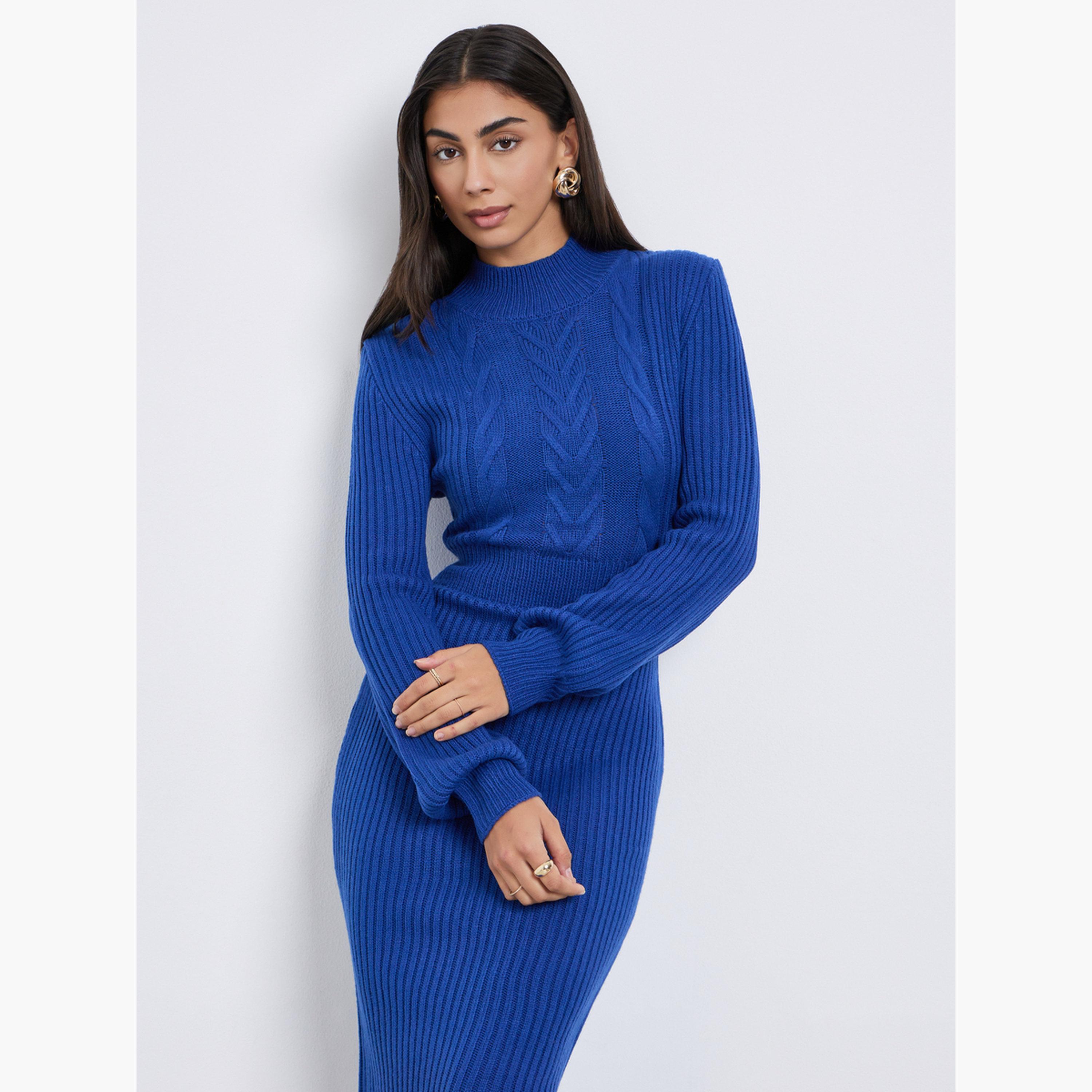 ستايلي - فستان متوسط ​​الطول من الصوف المحبوك لون أزرق-women-clothing-dresses-image-3