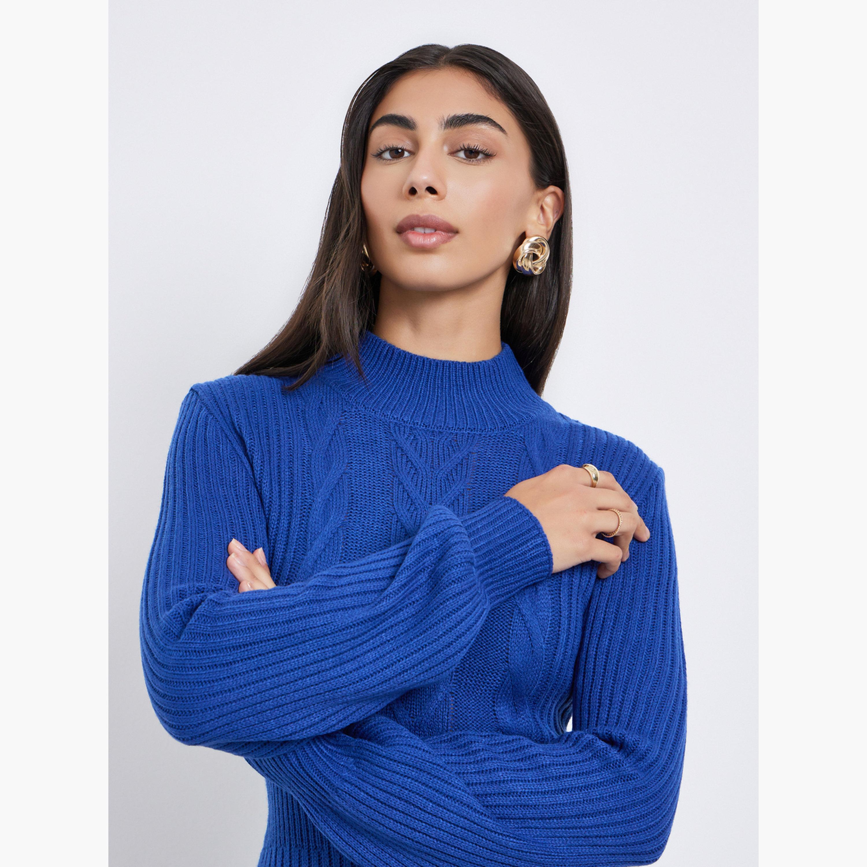ستايلي - فستان متوسط ​​الطول من الصوف المحبوك لون أزرق-women-clothing-dresses-image-4