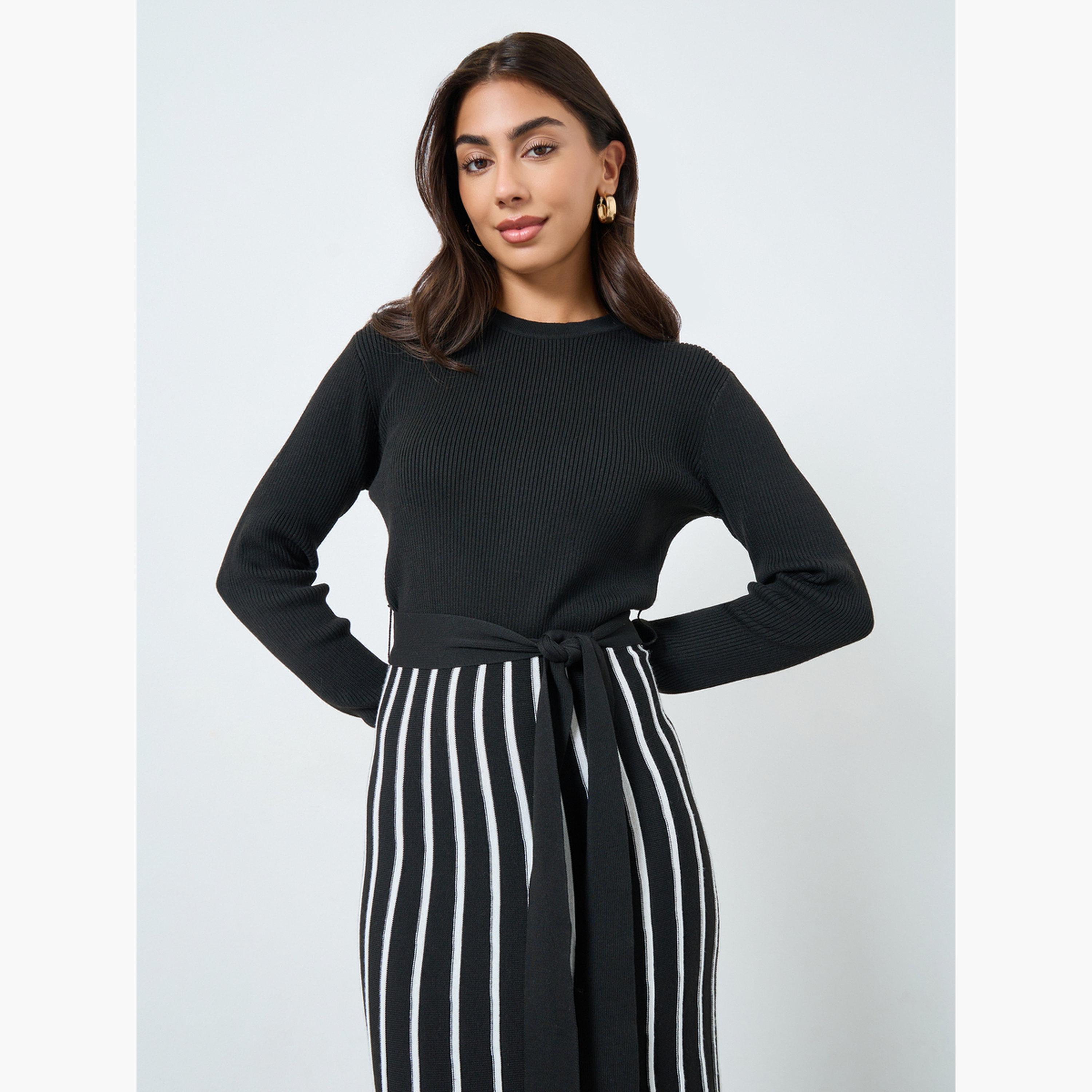 ستايلي - فستان ماكسي مخطط بأكمام طويلة وتصميم A-women-clothing-dresses-image-3