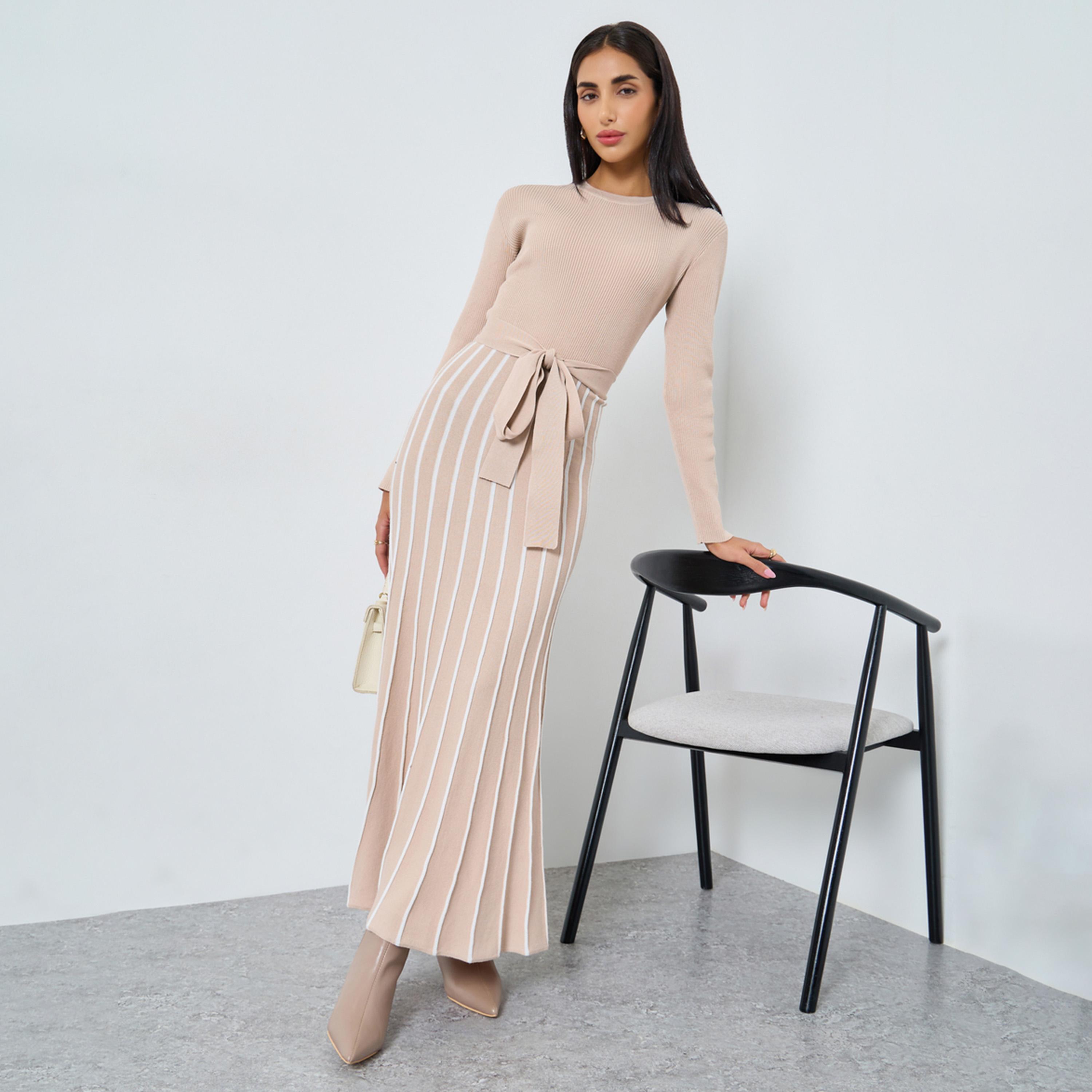 Styli Striped Long Sleeves Sweater A-Line Maxi Dress-women-clothing-dresses-image-1