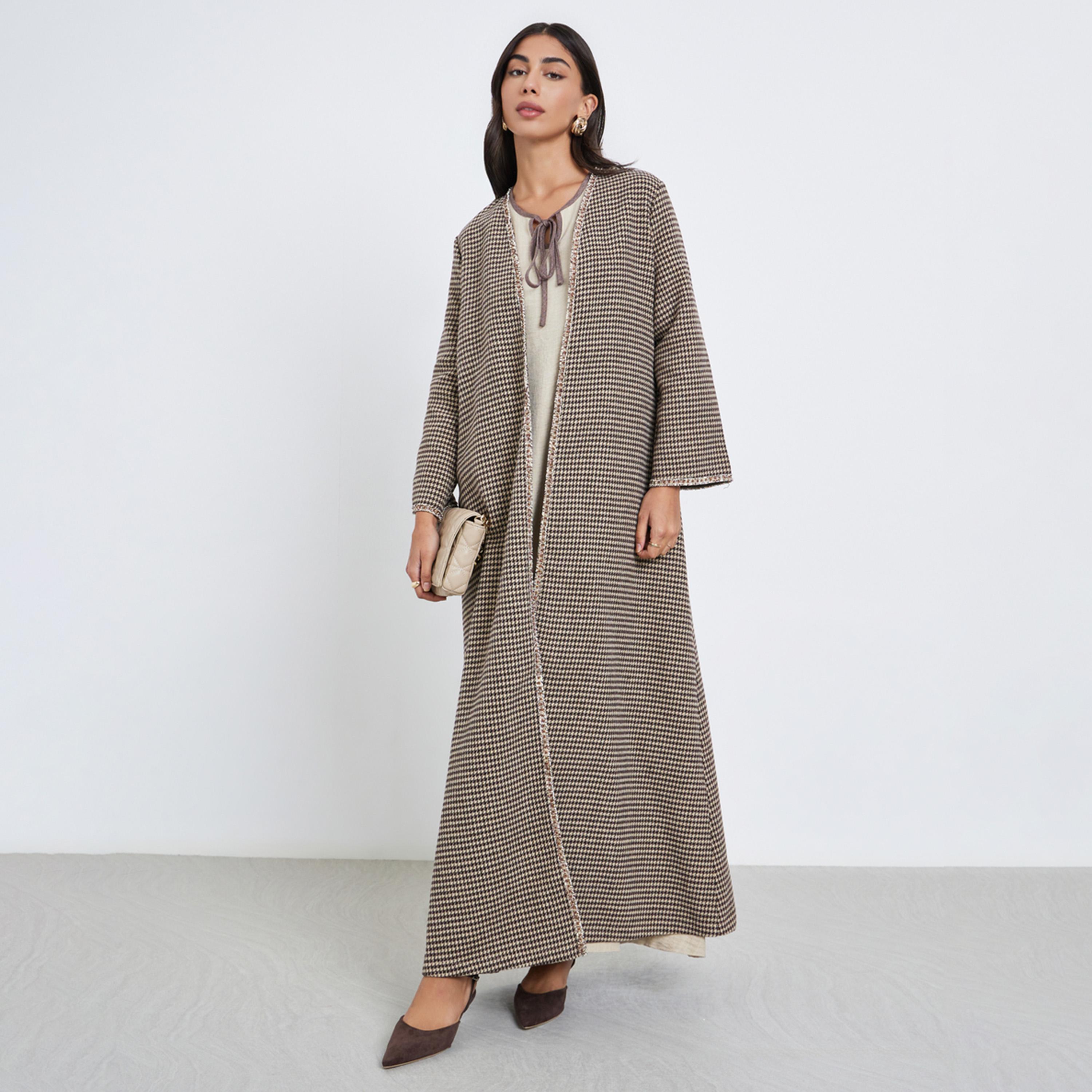 Amirah X Styli Brown Brushed Houndstooth Front Open Abaya-women-arabicclothing-abayas-image-1