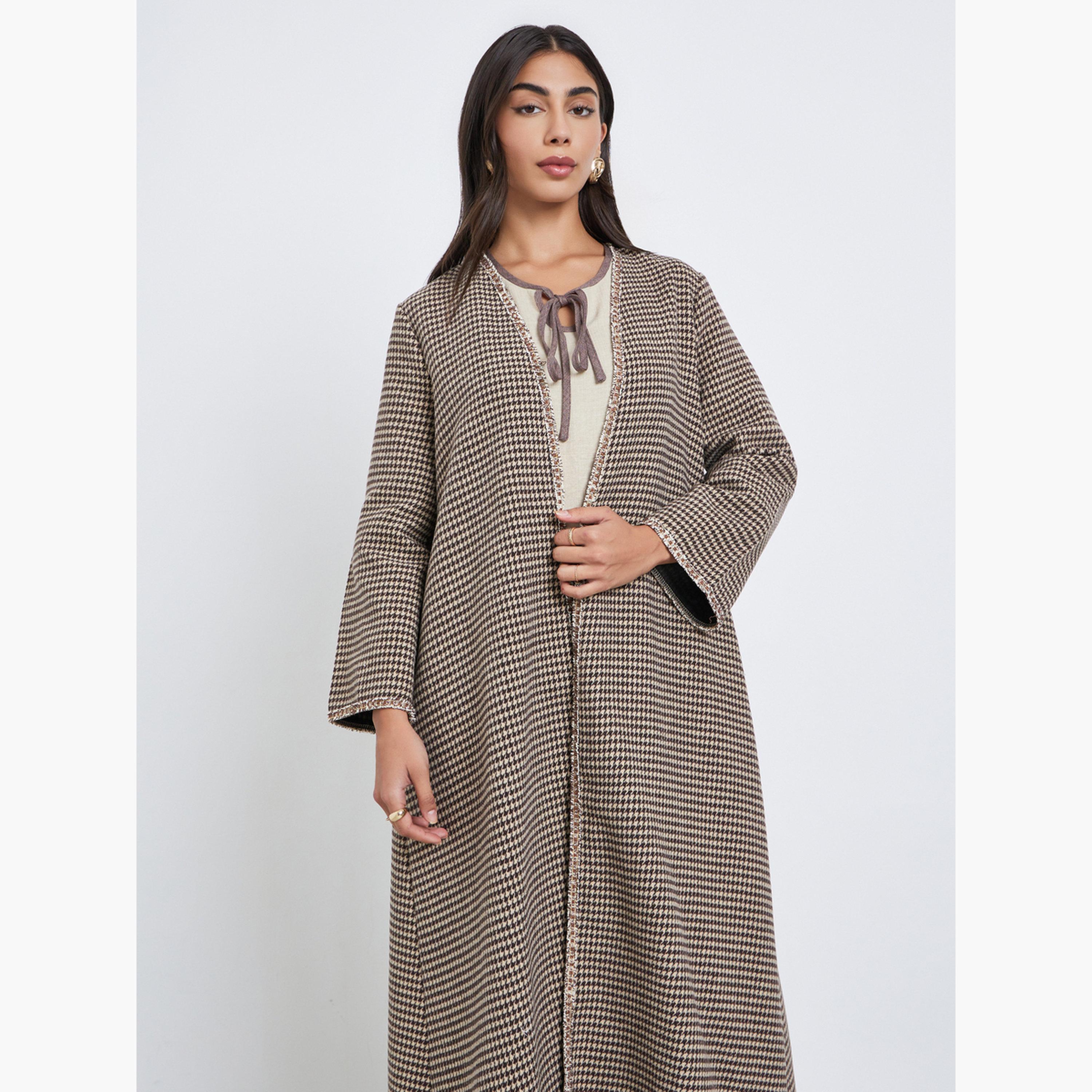 Amirah X Styli Brown Brushed Houndstooth Front Open Abaya-women-arabicclothing-abayas-image-2