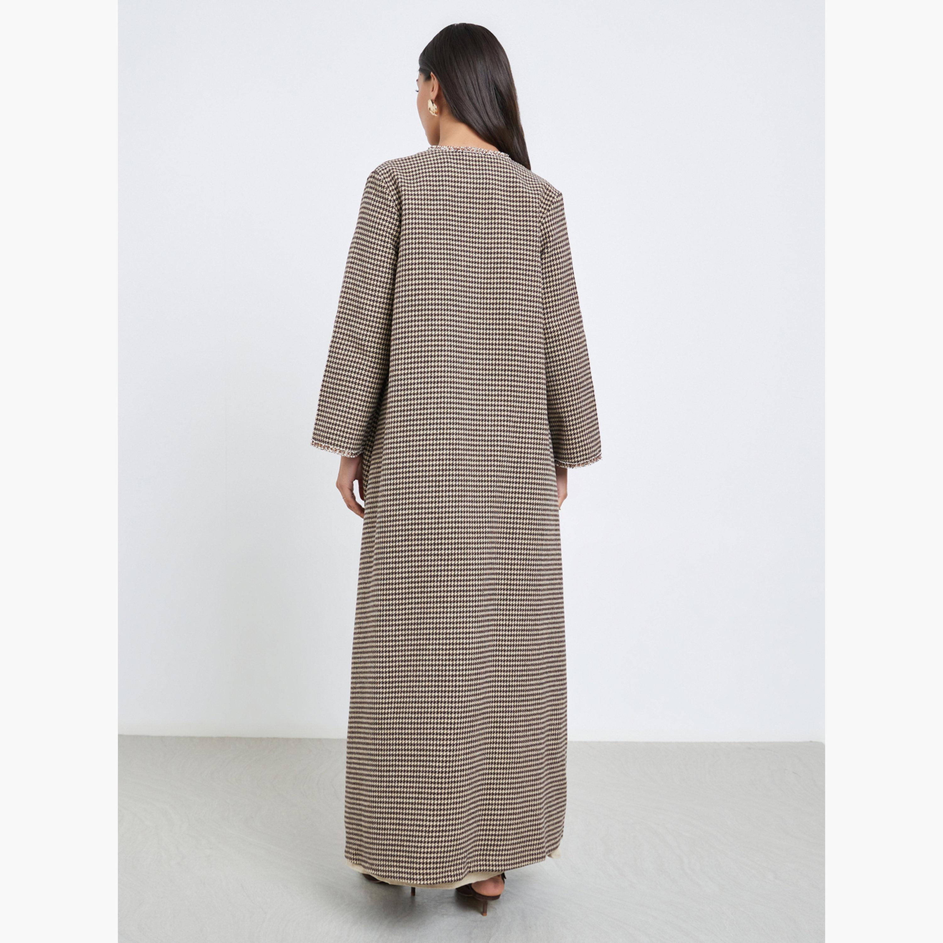 Amirah X Styli Brown Brushed Houndstooth Front Open Abaya-women-arabicclothing-abayas-image-3