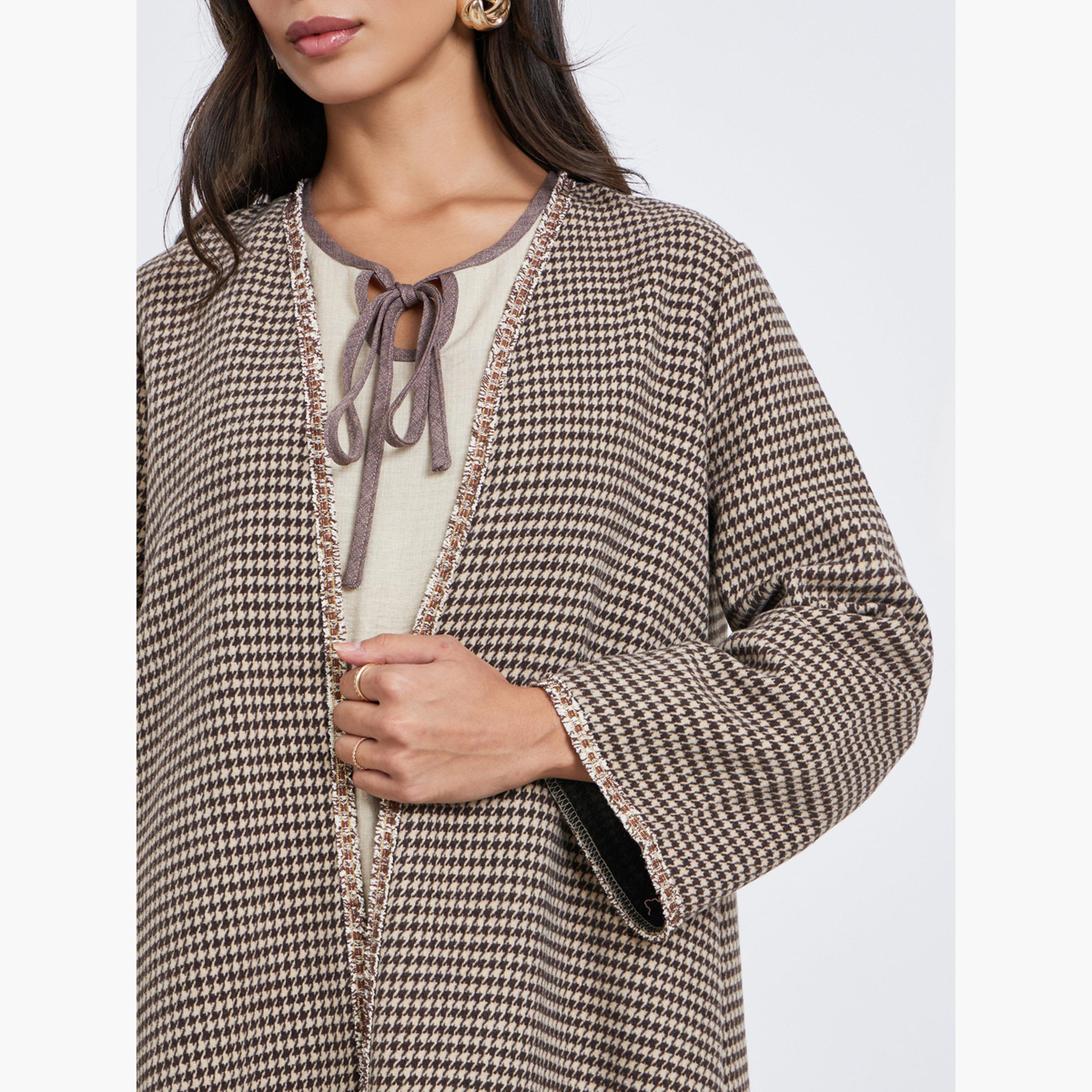 Amirah X Styli Brown Brushed Houndstooth Front Open Abaya-women-arabicclothing-abayas-image-4