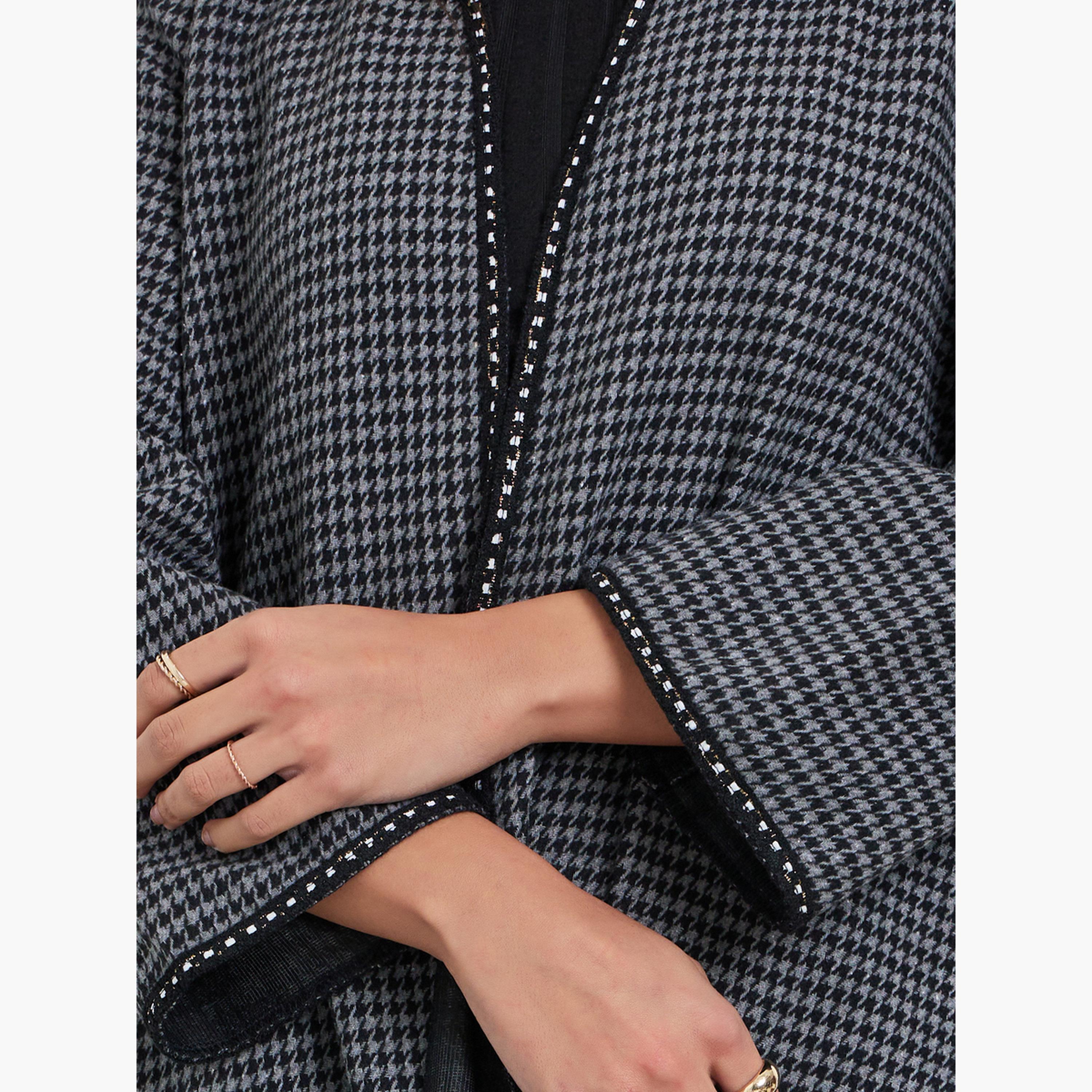 Styli Charcoal Brushed Houndstooth Front Open Abaya-women-arabicclothing-abayas-image-4