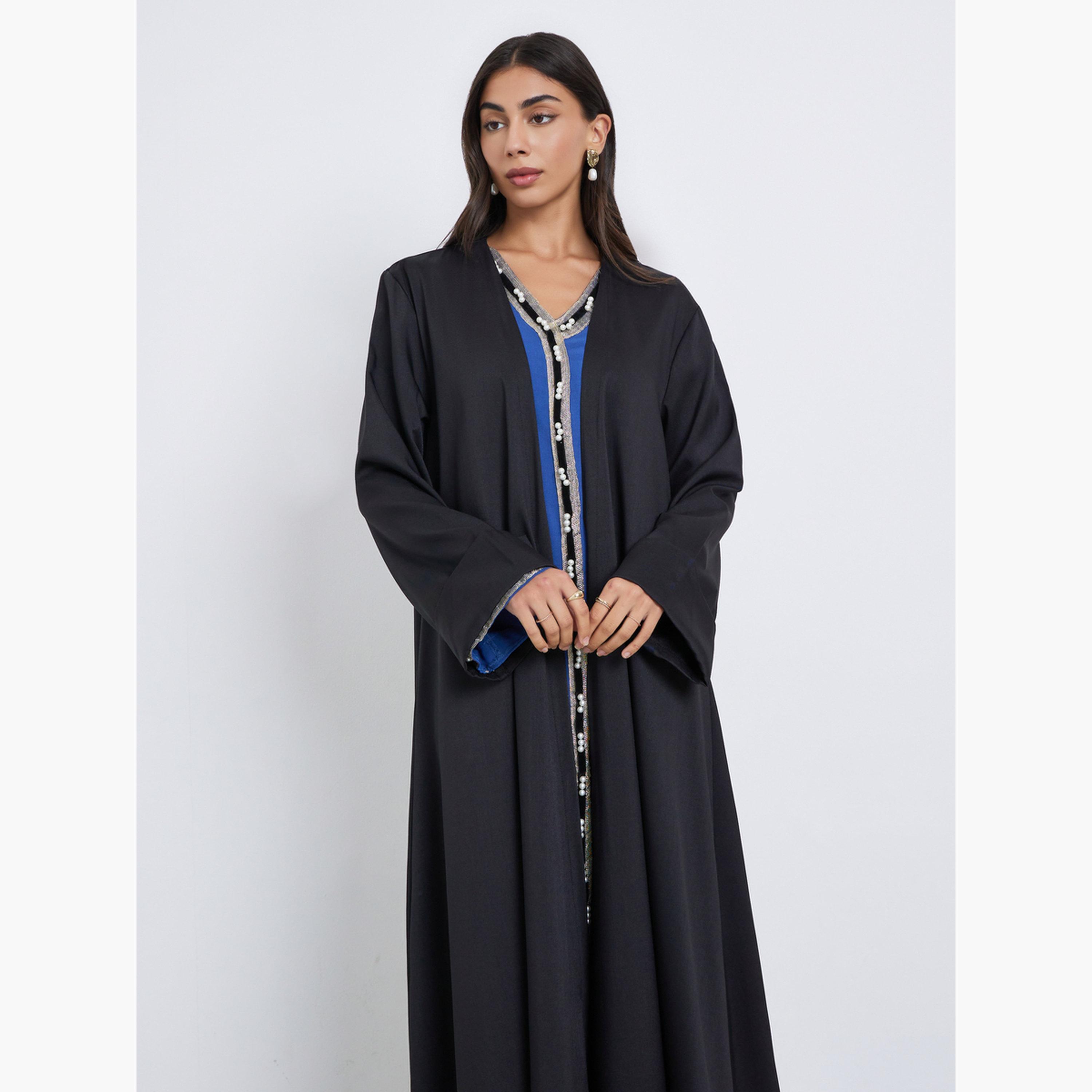 ستايلي - عباية مفتوحة من الأمام بنقشة مربعات صغيرة لون فحمي-women-arabicclothing-abayas-image-2