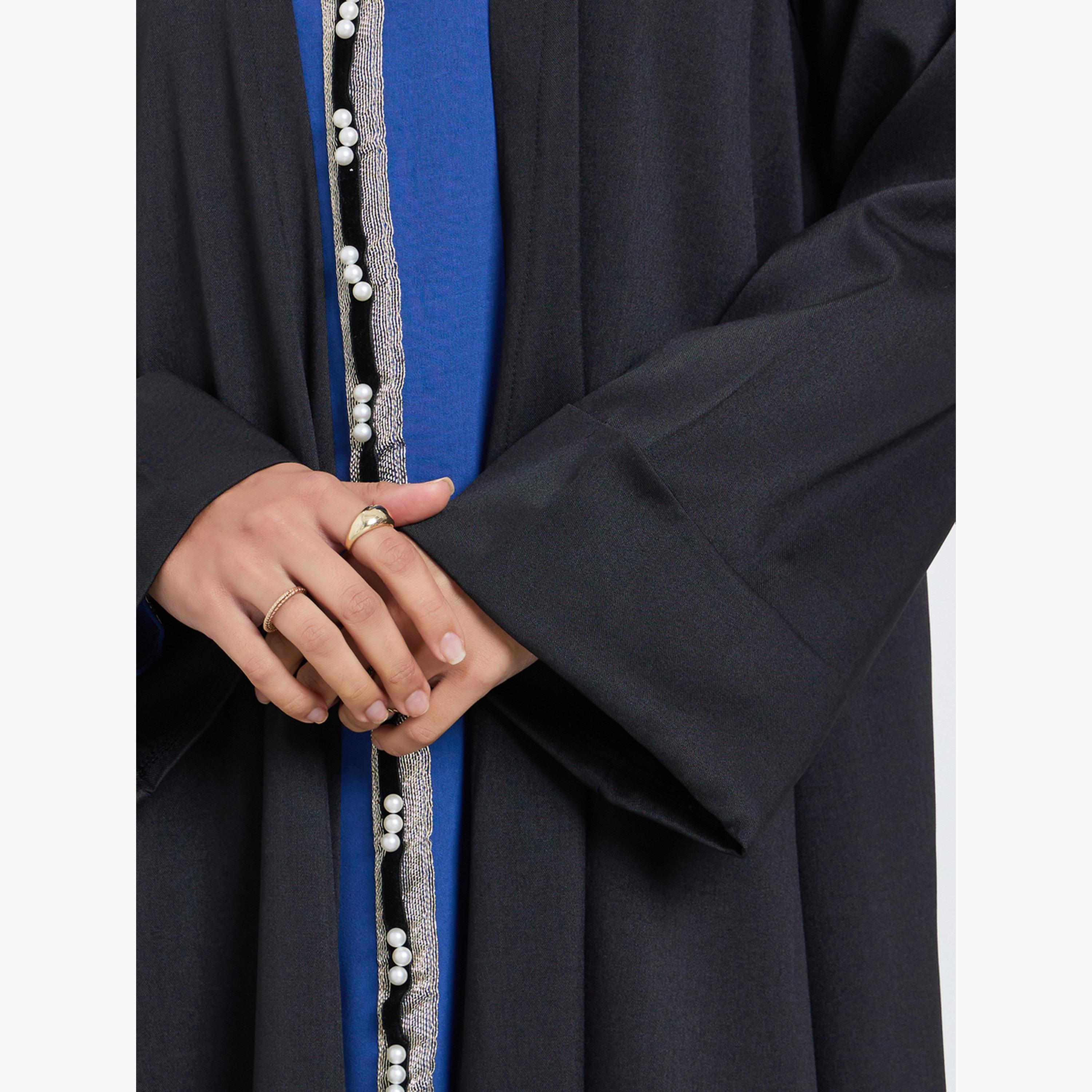 ستايلي - عباية مفتوحة من الأمام بنقشة مربعات صغيرة لون فحمي-women-arabicclothing-abayas-image-4