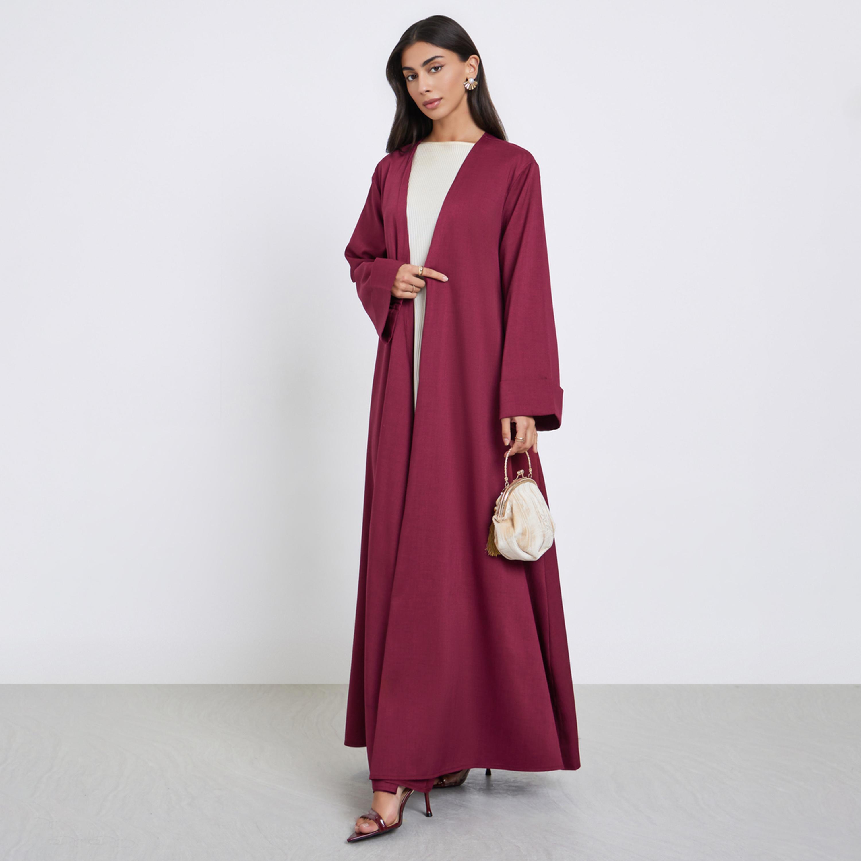 Styli Burgundy Front Open Wide Sleeve Abaya-women-arabicclothing-abayas-image-1