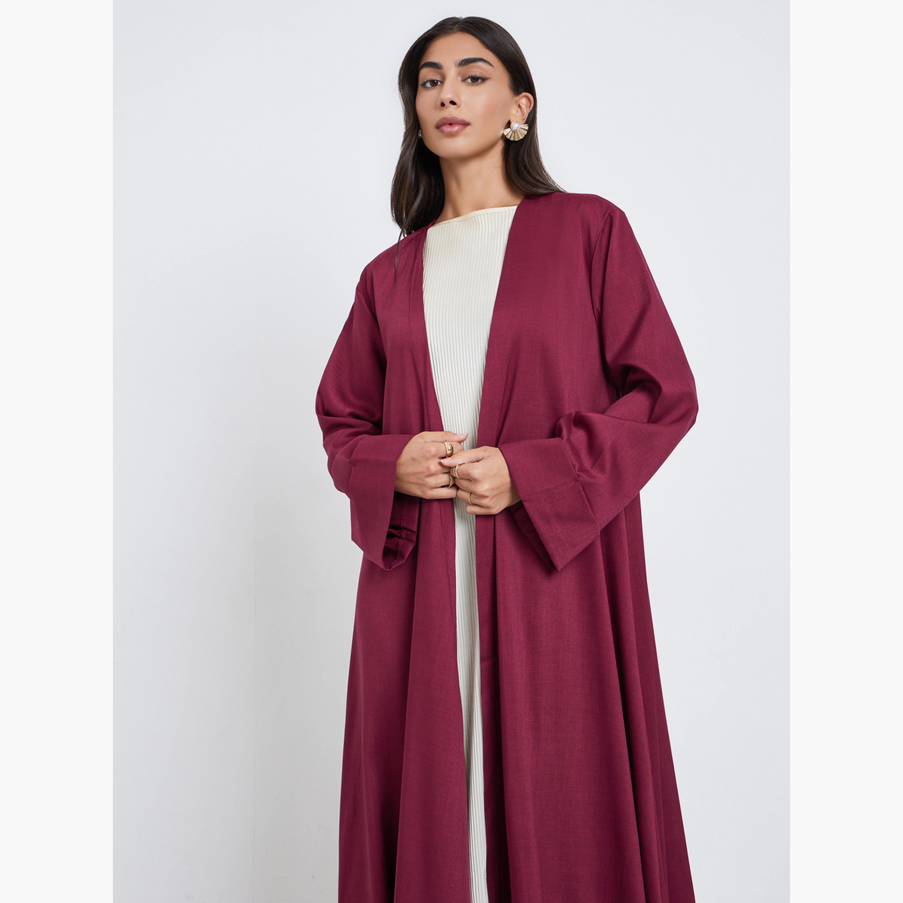 Styli Burgundy Front Open Wide Sleeve Abaya-women-arabicclothing-abayas-image-2