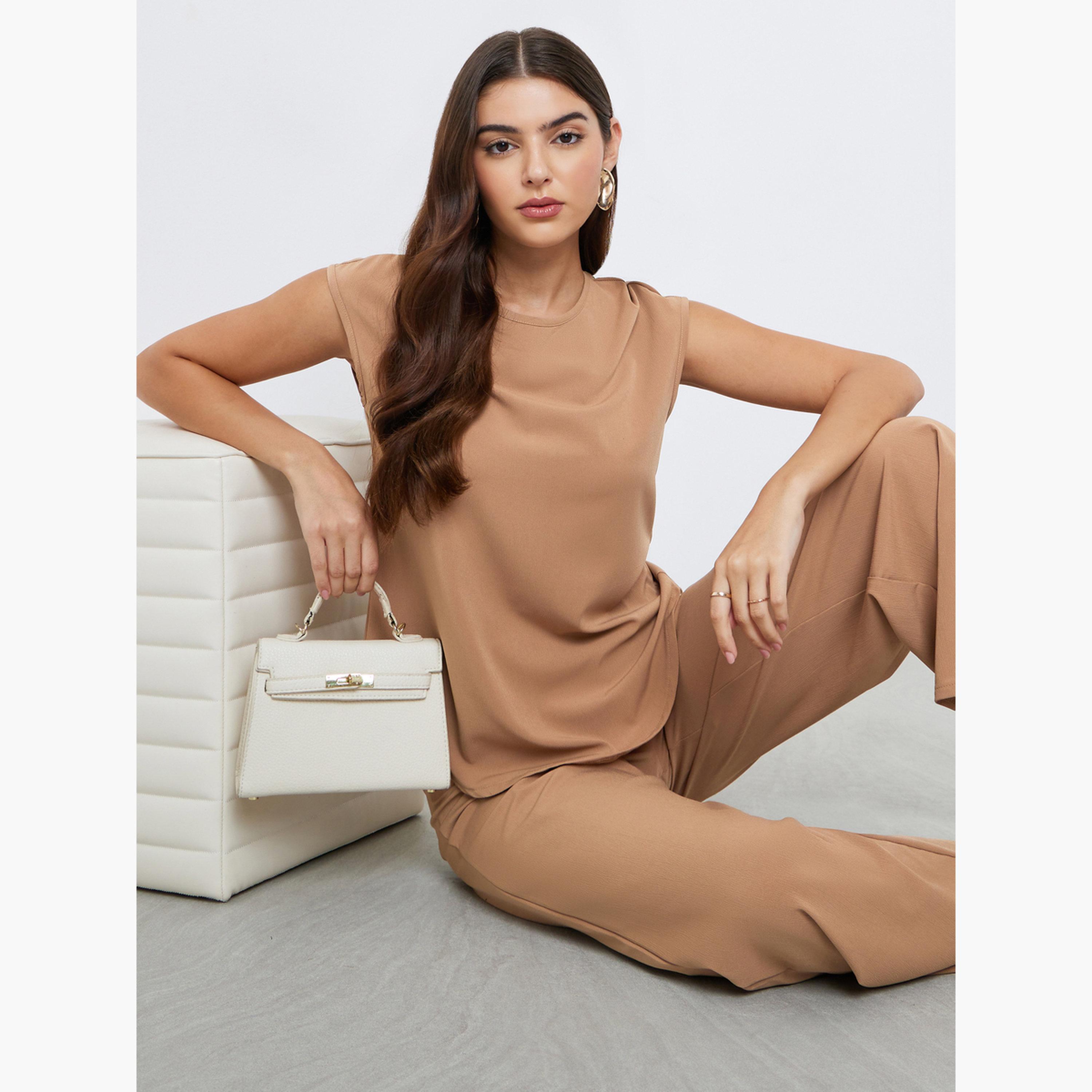 Styli Brown Cap Sleeve Top and Pants Modest Set-women-arabicclothing-sets-image-2