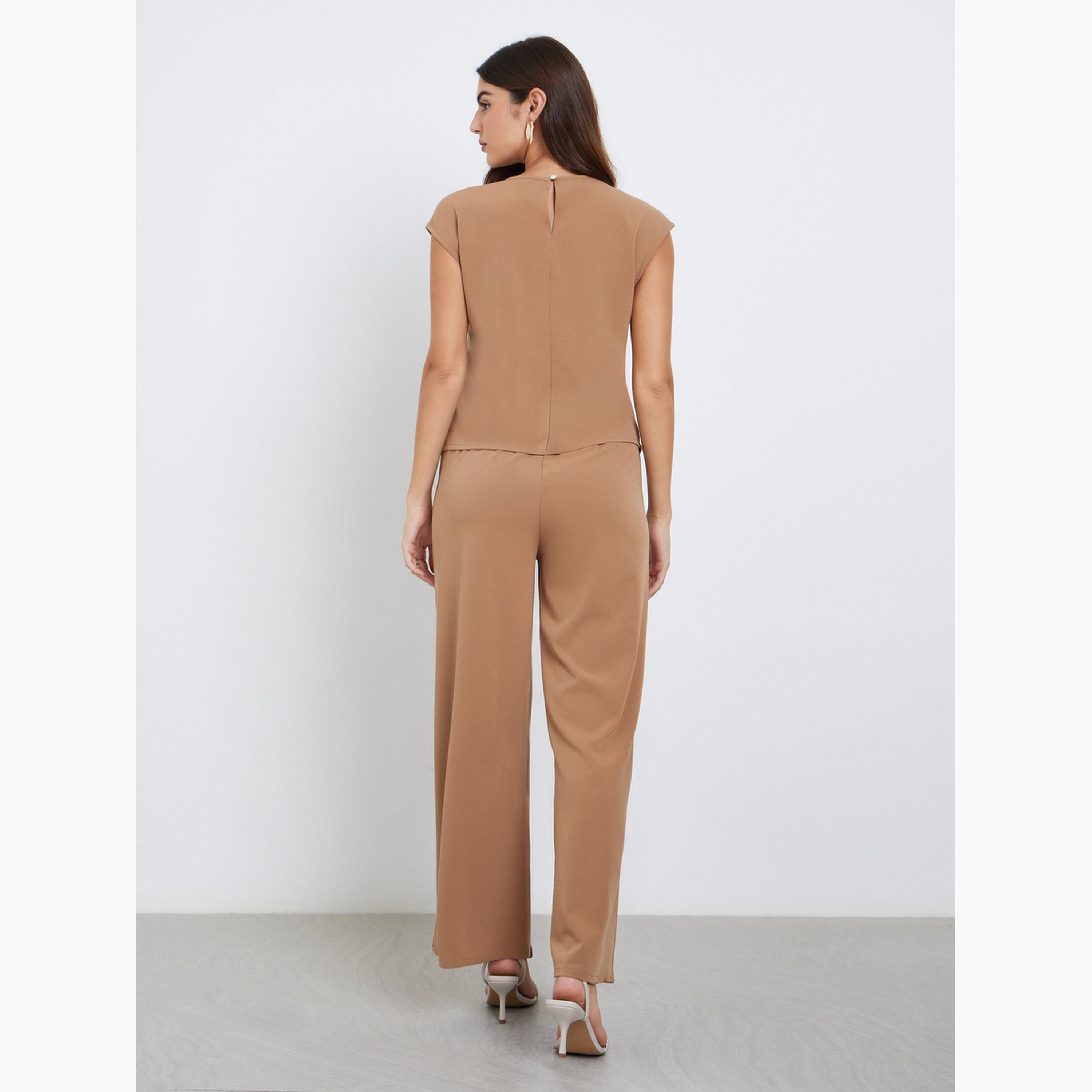 ستايلي - طقم محتشم من بلوزة وبنطال بأكمام قصيرة لون بني-women-arabicclothing-sets-image-4